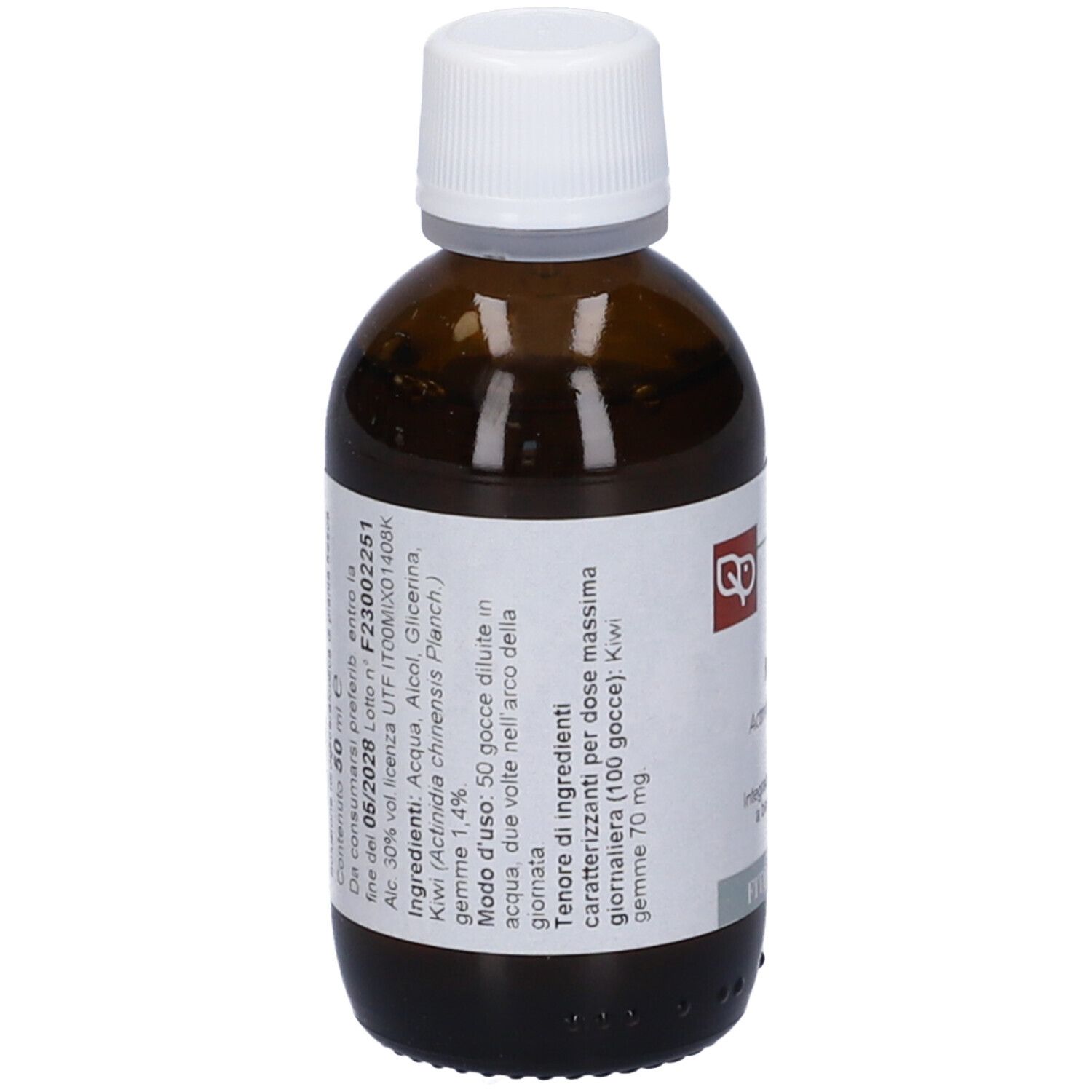 Flacone di vetro marrone con tappo bianco. Etichetta con testo: Kiwi, Actinidia chinensis, Gemmo derivato, FitoMedical.