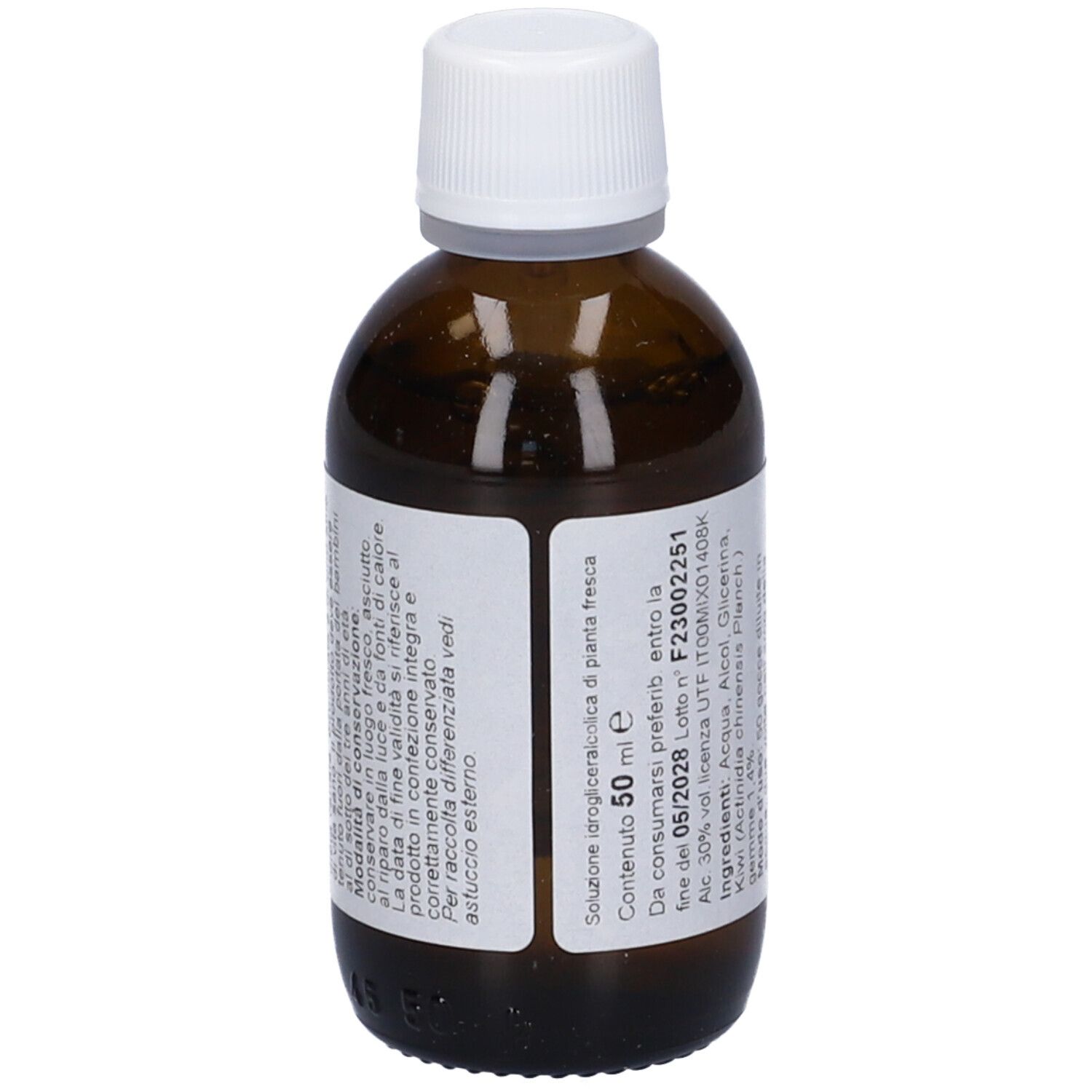 Flacone di vetro marrone con tappo bianco. Etichetta con testo: Kiwi, Actinidia chinensis, Gemmo derivato, FitoMedical.