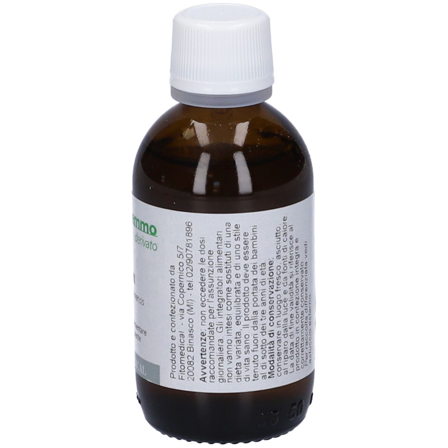 Flacone di vetro marrone con tappo bianco. Etichetta con testo: Kiwi, Actinidia chinensis, Gemmo derivato, FitoMedical.