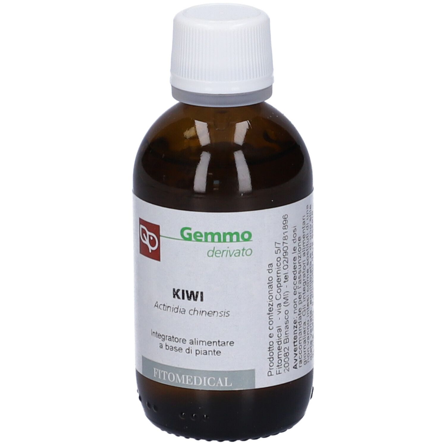 Flacone di vetro marrone con tappo bianco. Etichetta con testo: Kiwi, Actinidia chinensis, Gemmo derivato, FitoMedical.