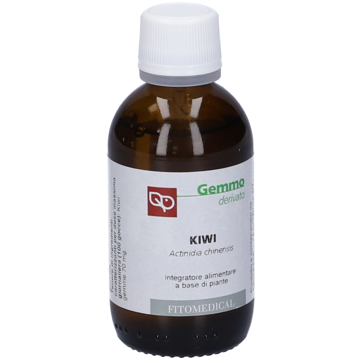 Flacone di vetro marrone con tappo bianco. Etichetta con testo: Kiwi, Actinidia chinensis, Gemmo derivato, FitoMedical.