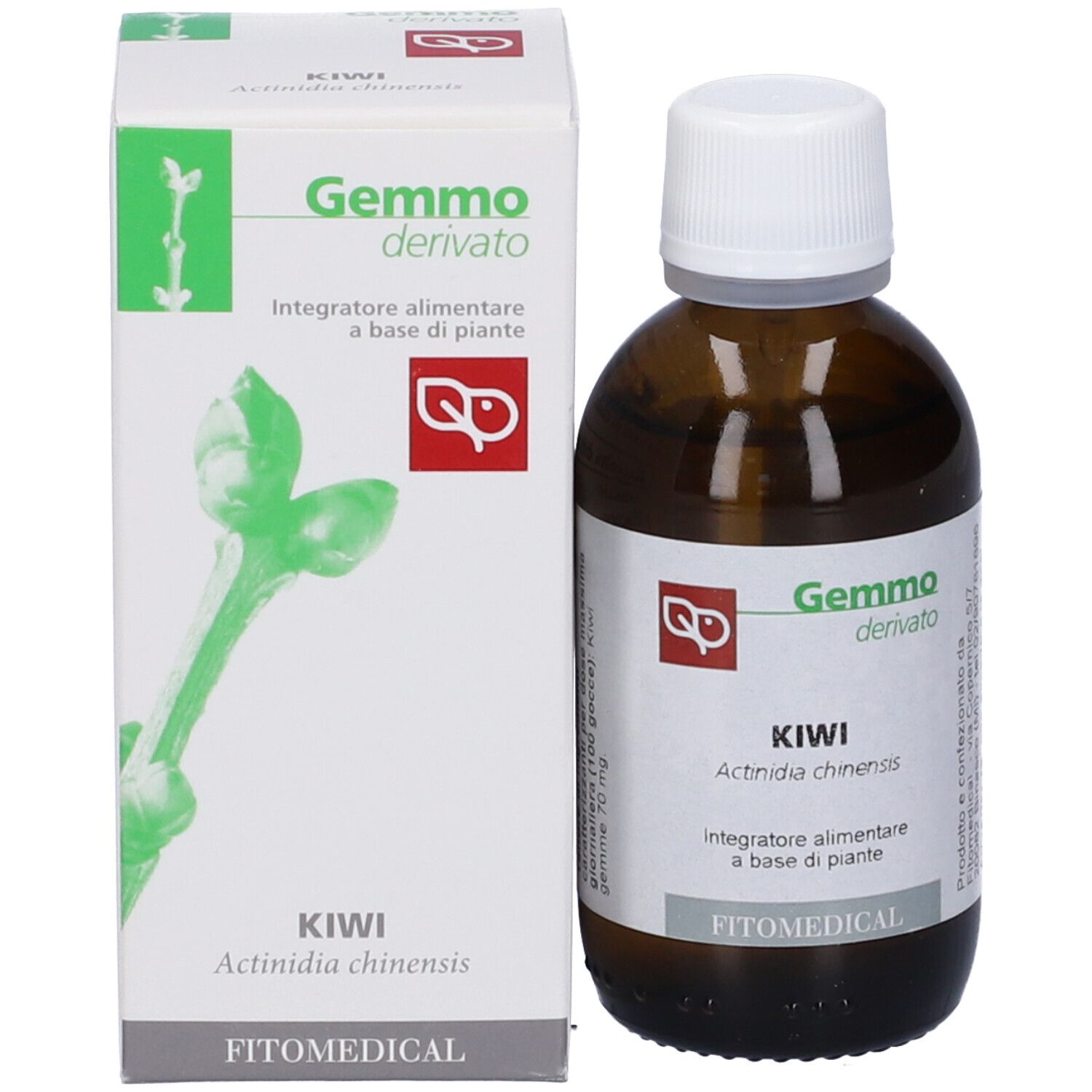 Flacone e scatola. Kiwi, Actinidia chinensis, Gemmo derivato, FitoMedical. Flacone e confezione.