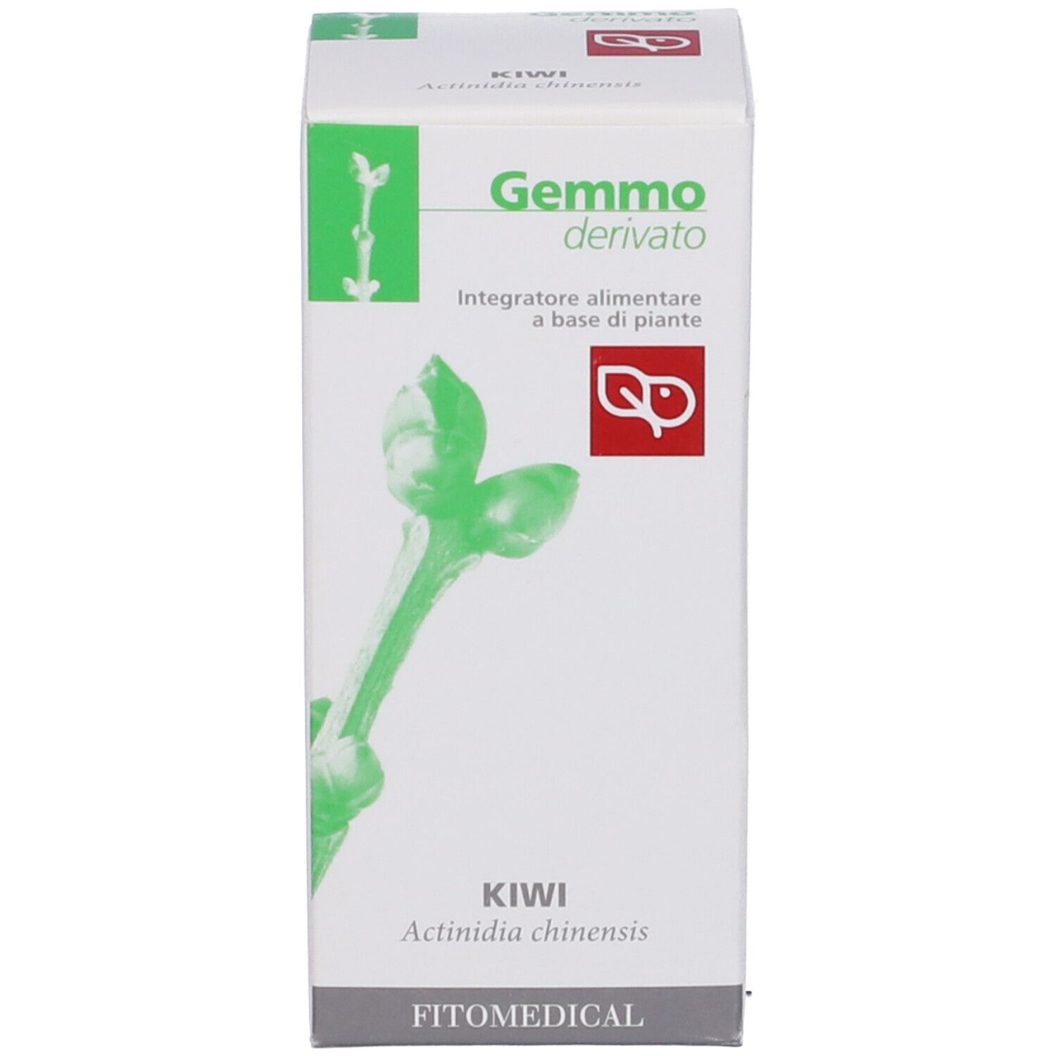 Scatola bianca con immagine di kiwi e testo. Gemmo derivato, Kiwi Actinidia chinensis, FitoMedical.