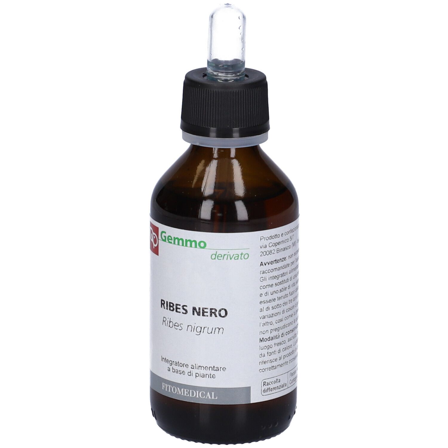 Flacone di vetro marrone con tappo nero e pipetta. Etichetta con testo: Ribes Nero. Marchio: Gemmo.