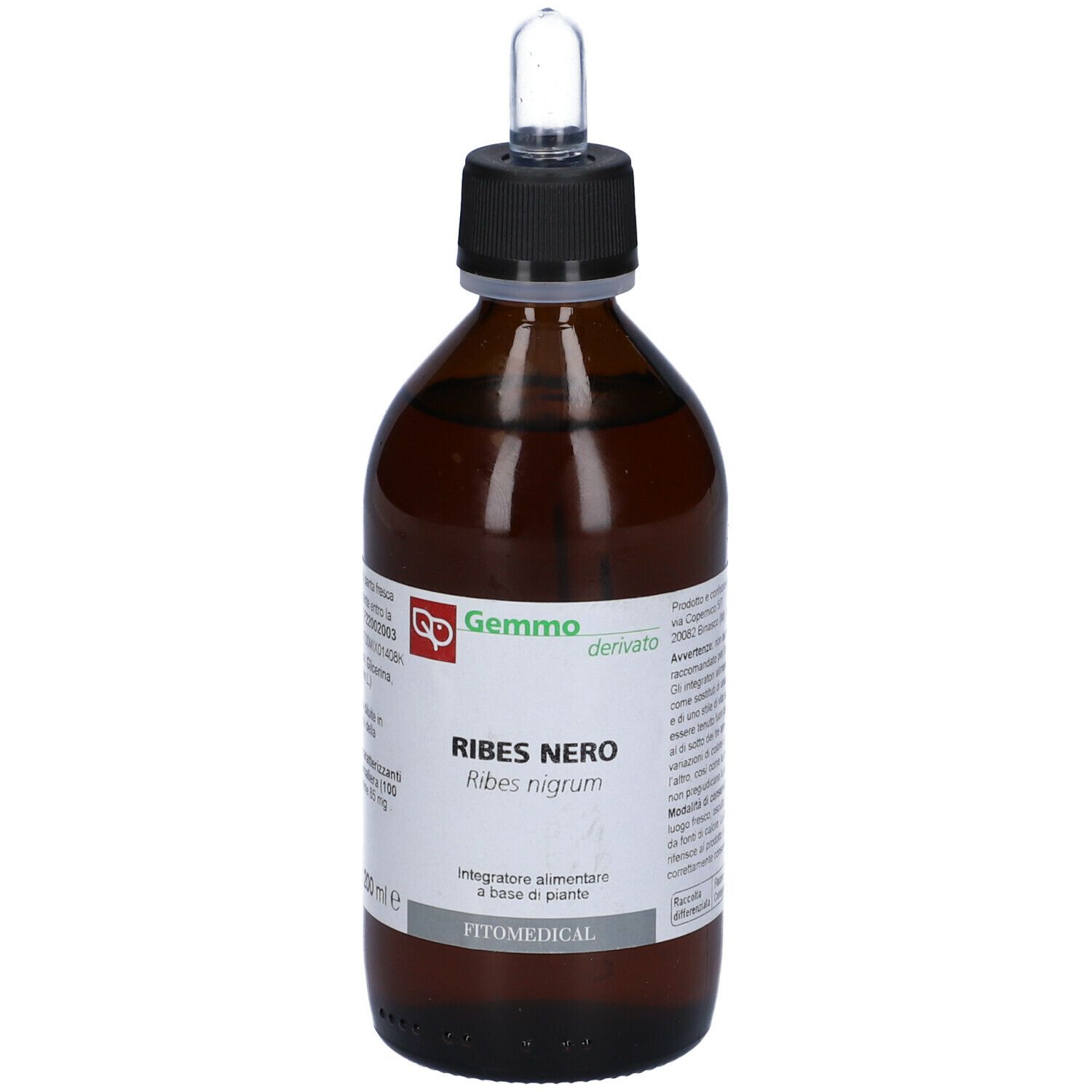 Flacone di vetro marrone con tappo nero e pipetta. Etichetta con nome prodotto Ribes Nero e marchio Fitomedical.