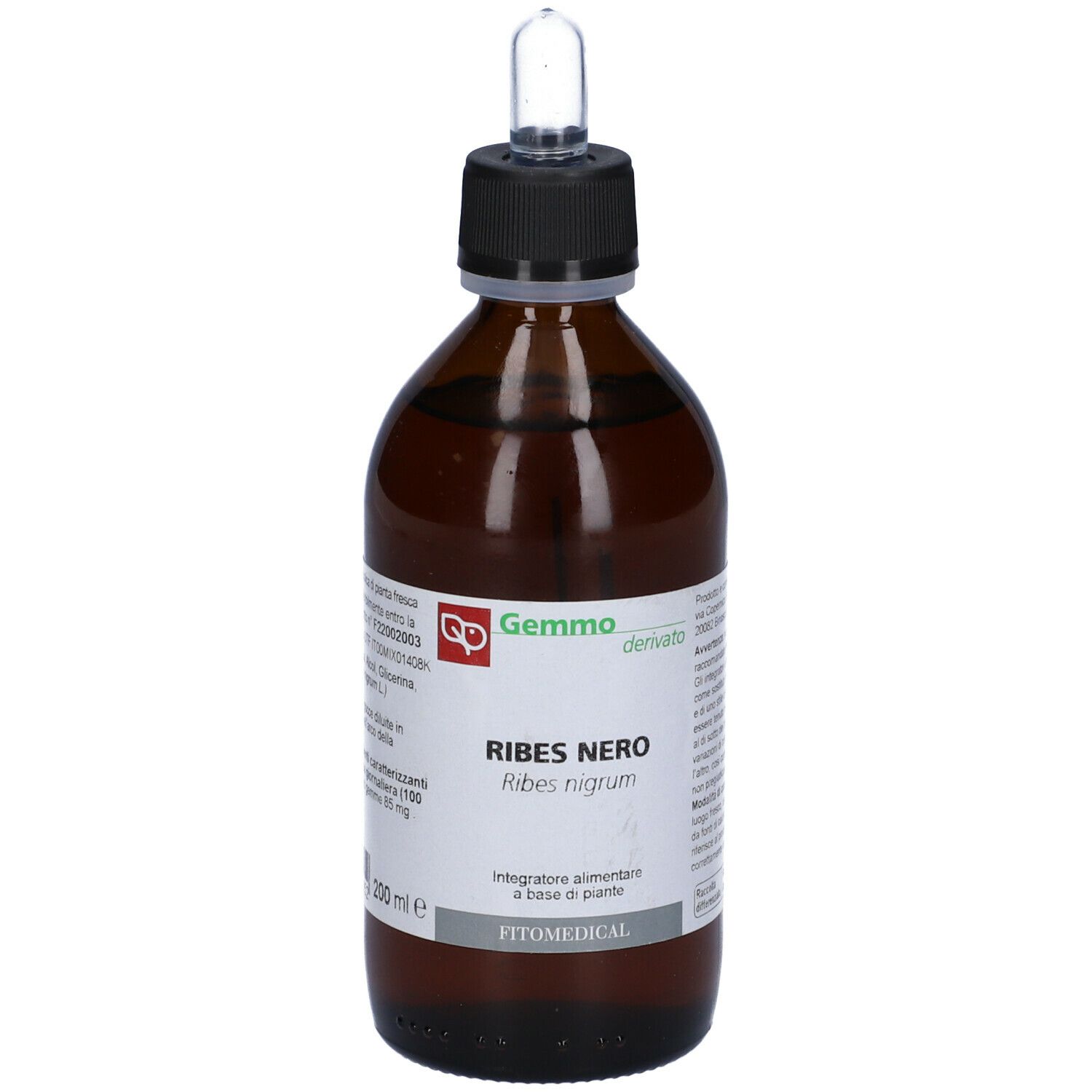 Flacone di vetro marrone con tappo nero e pipetta. Etichetta con nome prodotto Ribes Nero e marchio Fitomedical.