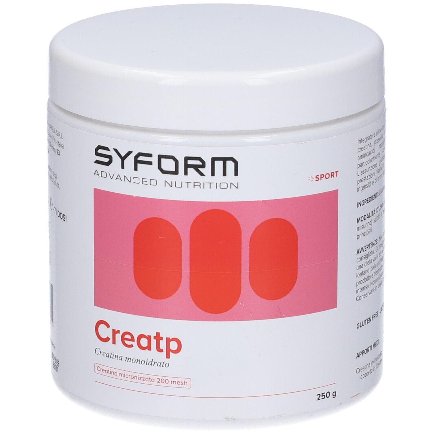 Contenitore bianco con coperchio. Scritta Syform, Creatp. 250g. Rettangoli rosa.