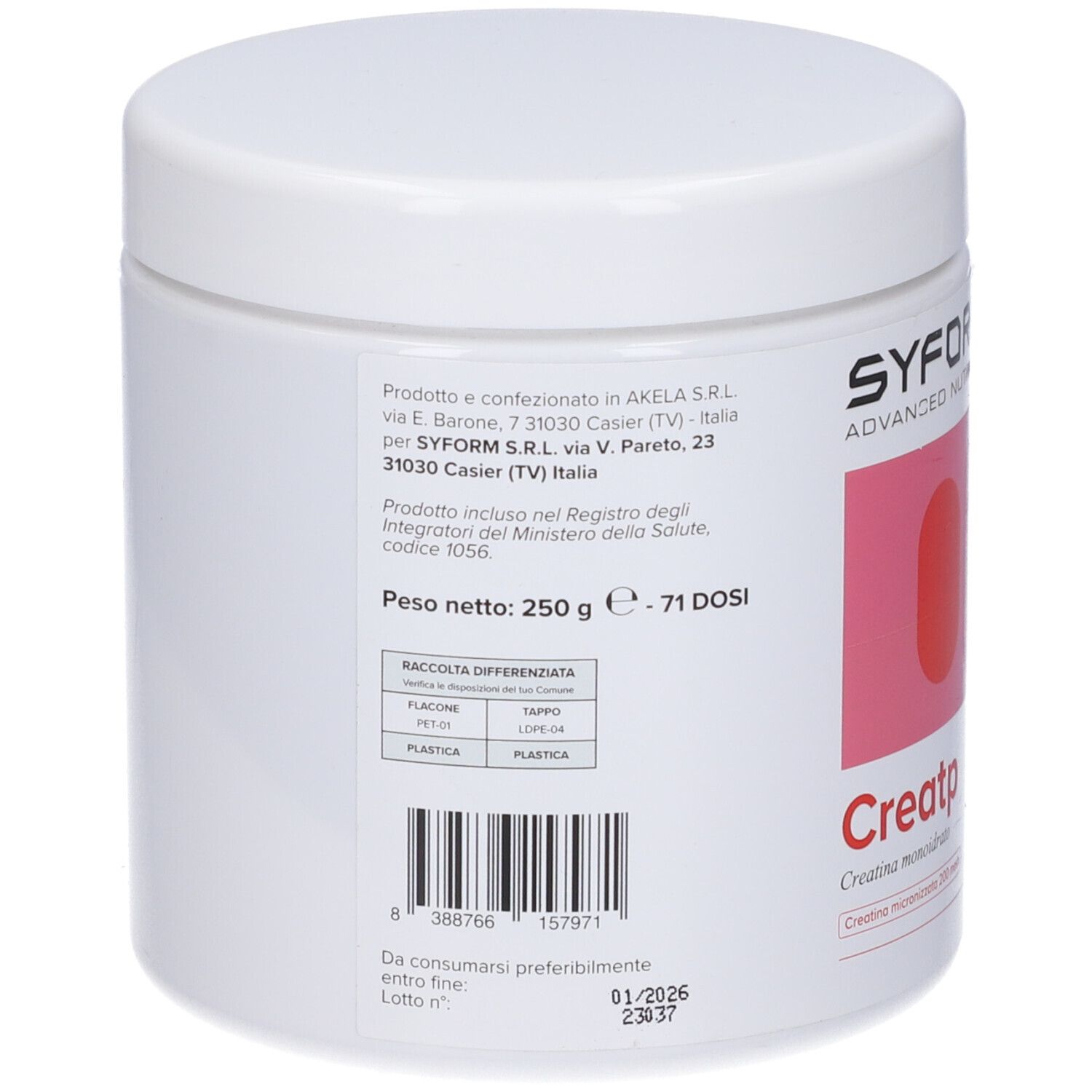 Contenitore bianco con coperchio. Retro con testo e codice a barre. 250g. 71 porzioni.