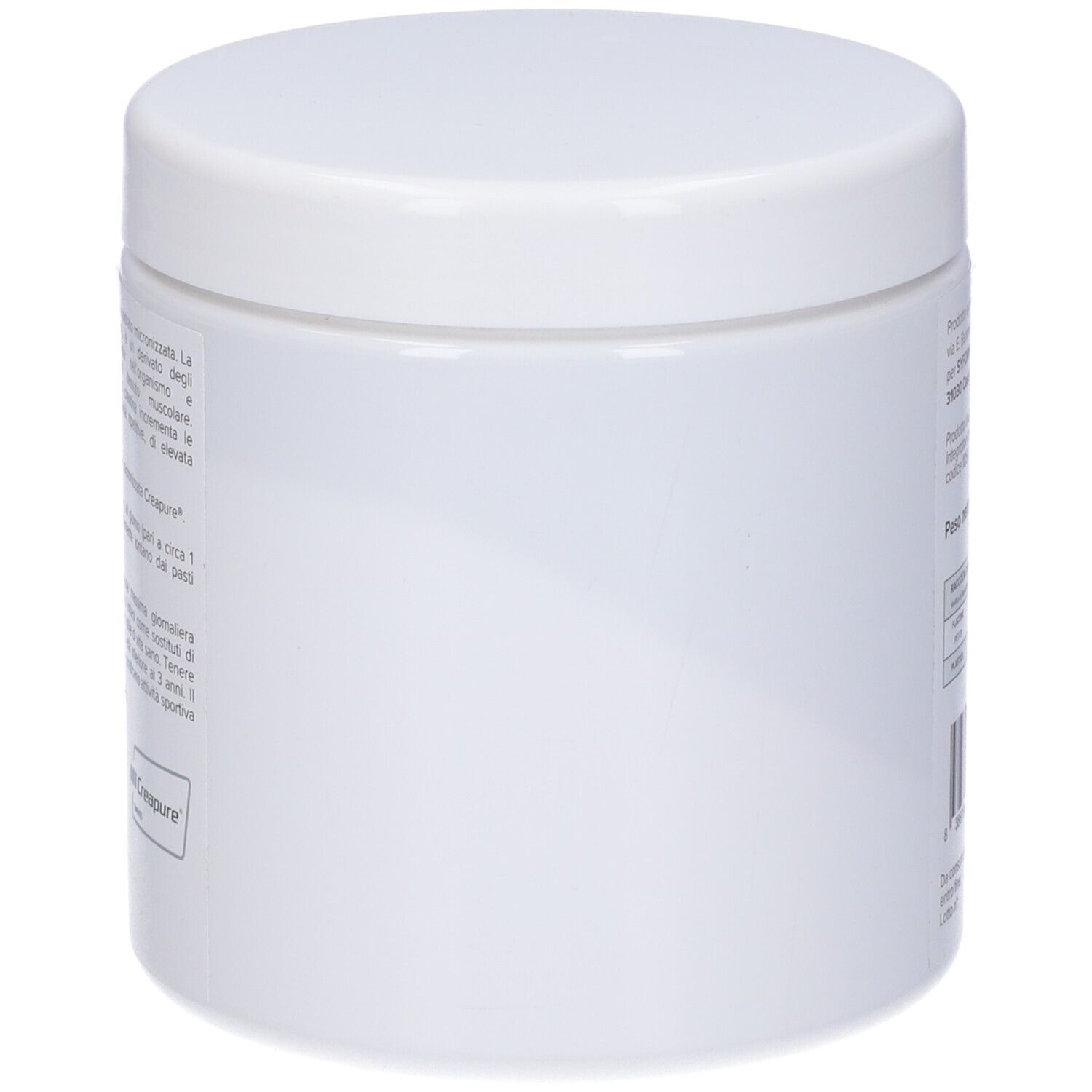 Contenitore bianco con coperchio. Lato vuoto. Nessuna scritta visibile.