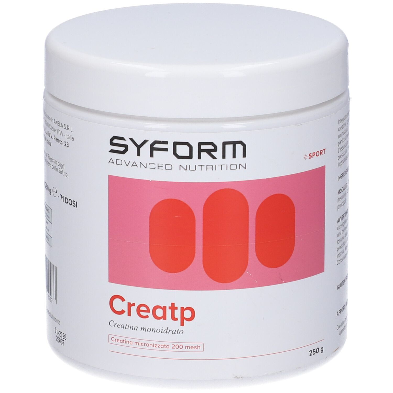 Contenitore bianco con coperchio. Scritta Syform, Creatp. 250g. Rettangoli rosa.