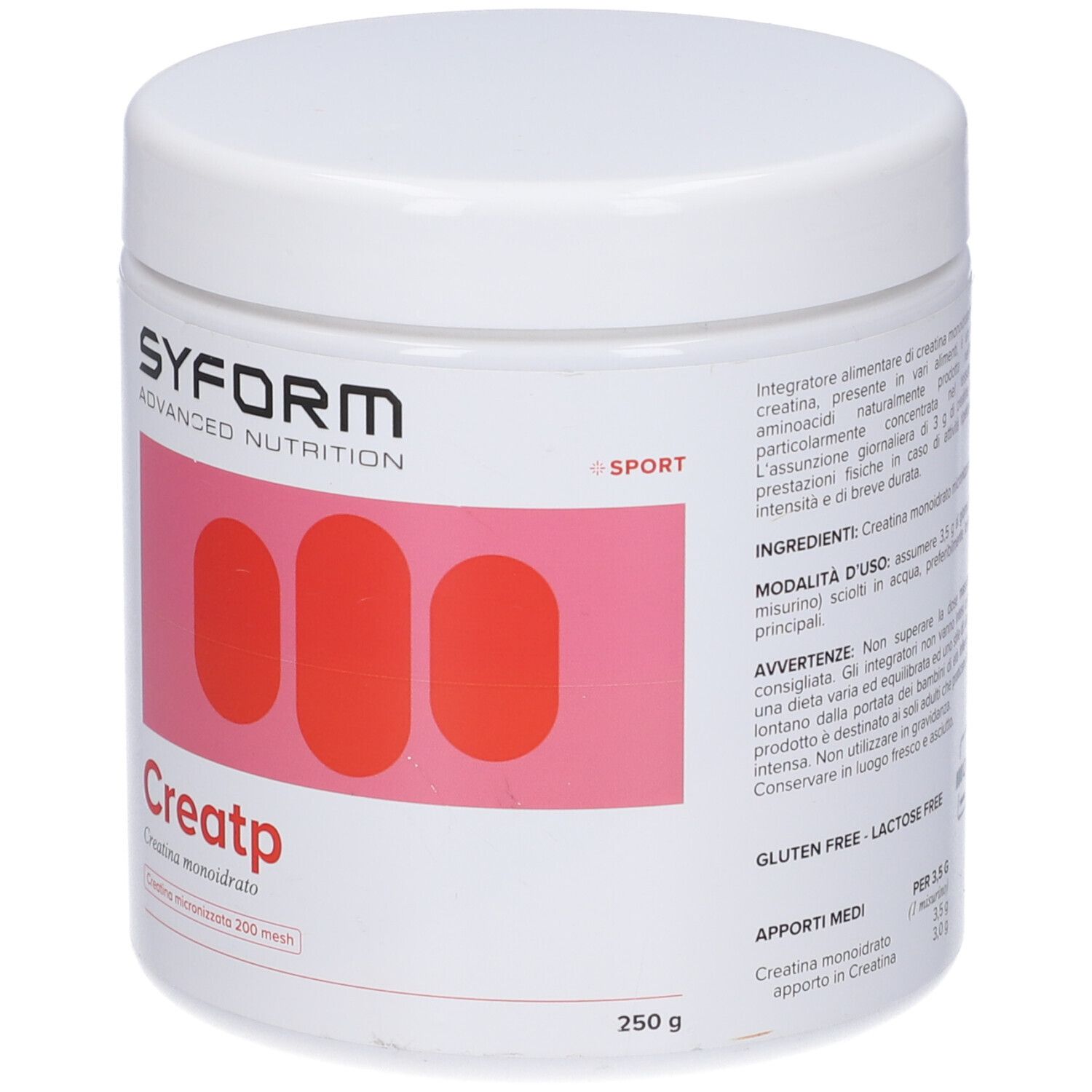 Contenitore bianco con coperchio. Scritta Syform, Creatp. 250g. Rettangoli rosa. Senza glutine.