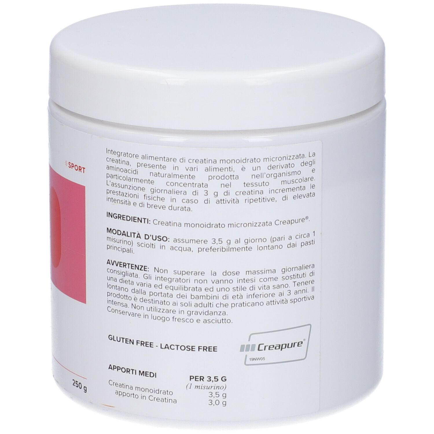 Contenitore bianco con coperchio. Retro con testo. 250g. Senza glutine. Logo Creatpure.