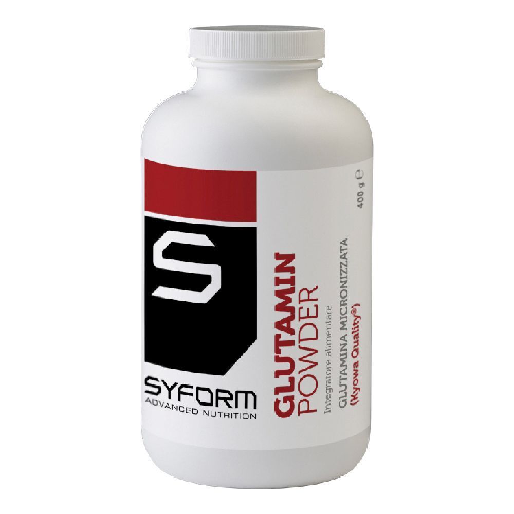Barattolo bianco con fascia rossa. Scritta: Glutamin Powder, Syform. 400 g.