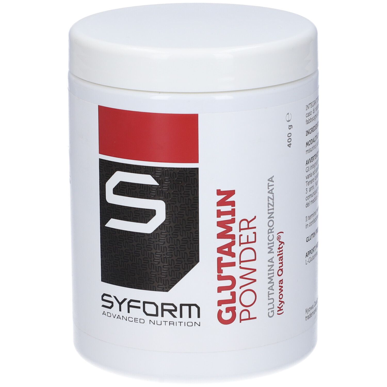 Barattolo bianco con fascia rossa. Scritta: Glutamin Powder, Syform. 400 g.