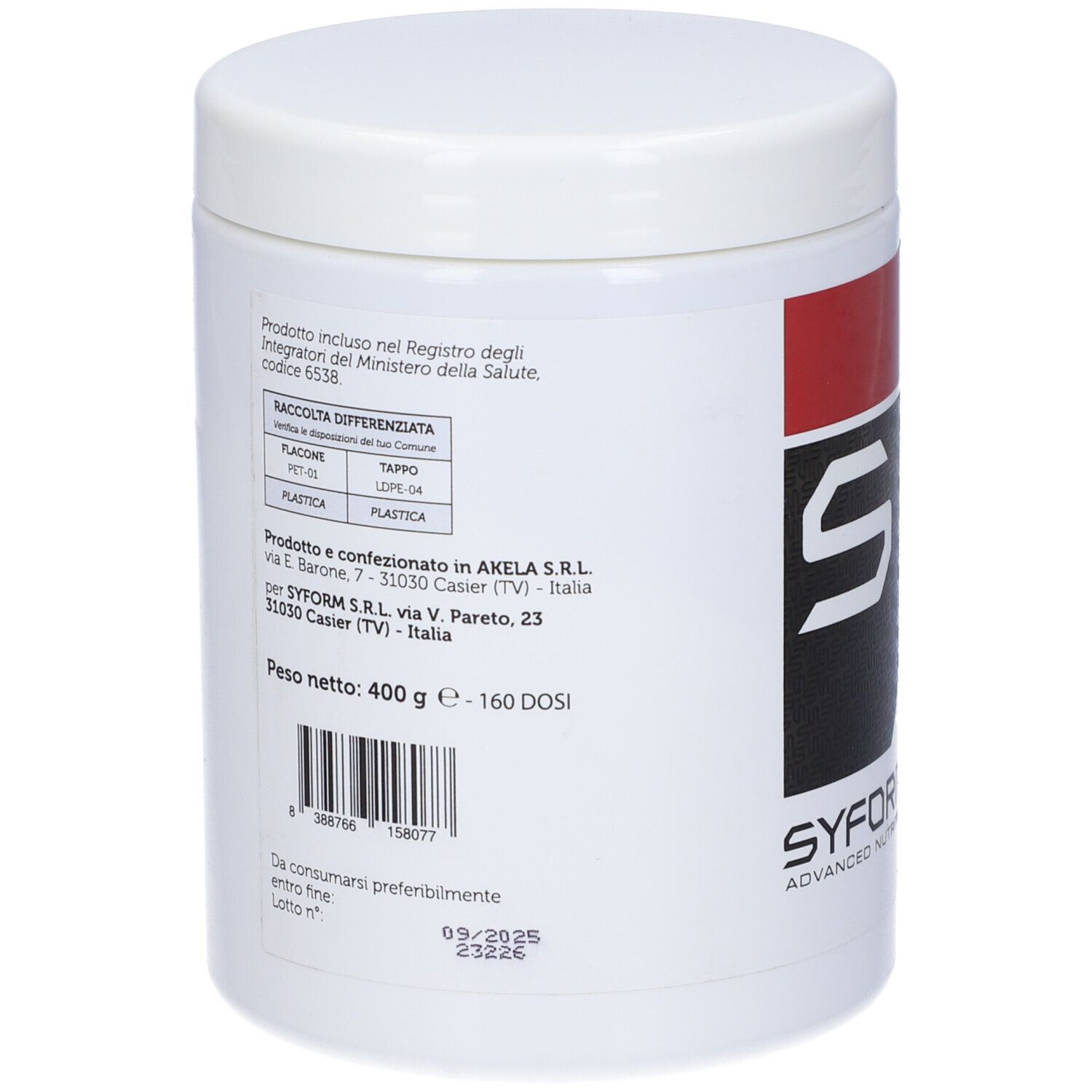 Barattolo bianco, retro con testo. Scritta: 400 g, ingredienti, informazioni produttore.