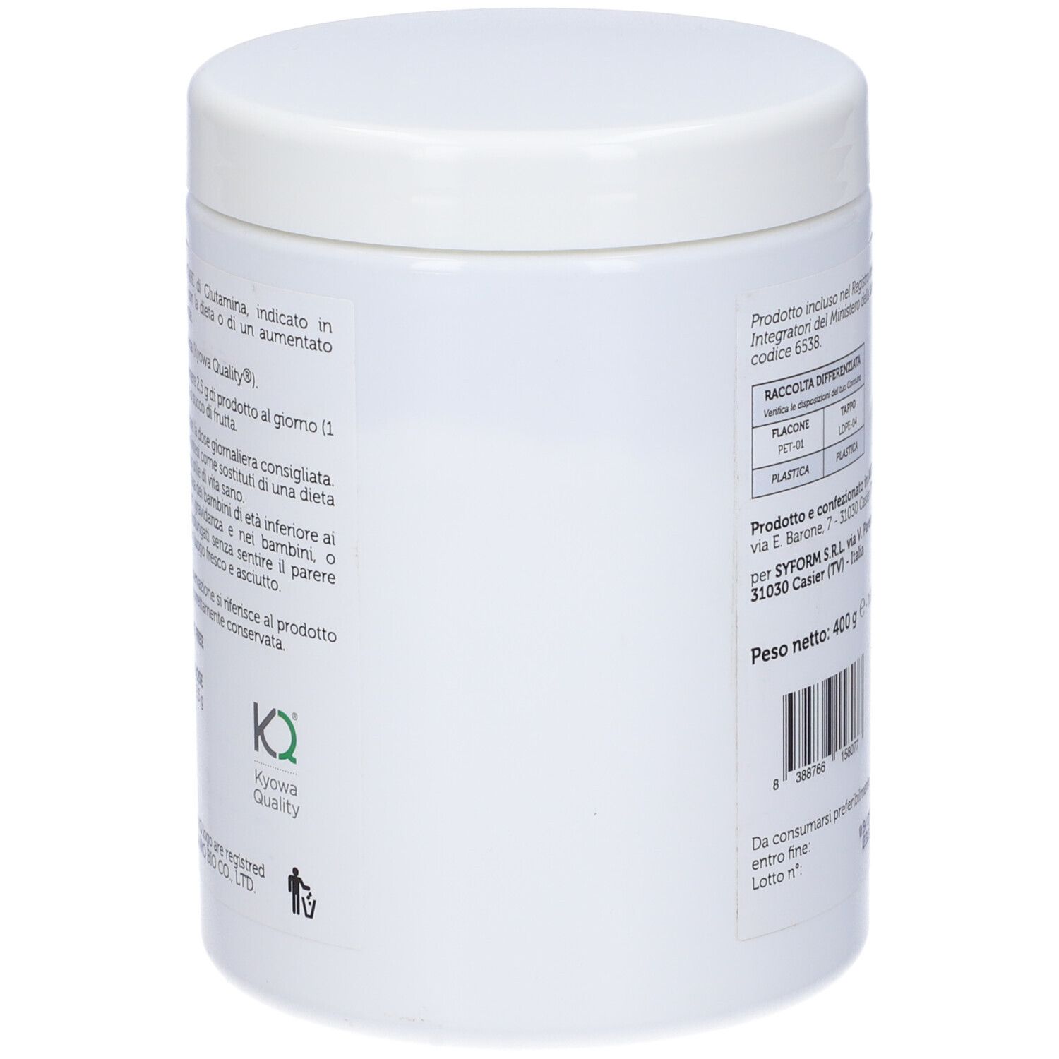 Barattolo bianco, retro con testo. Scritta: 400 g, ingredienti, informazioni produttore.