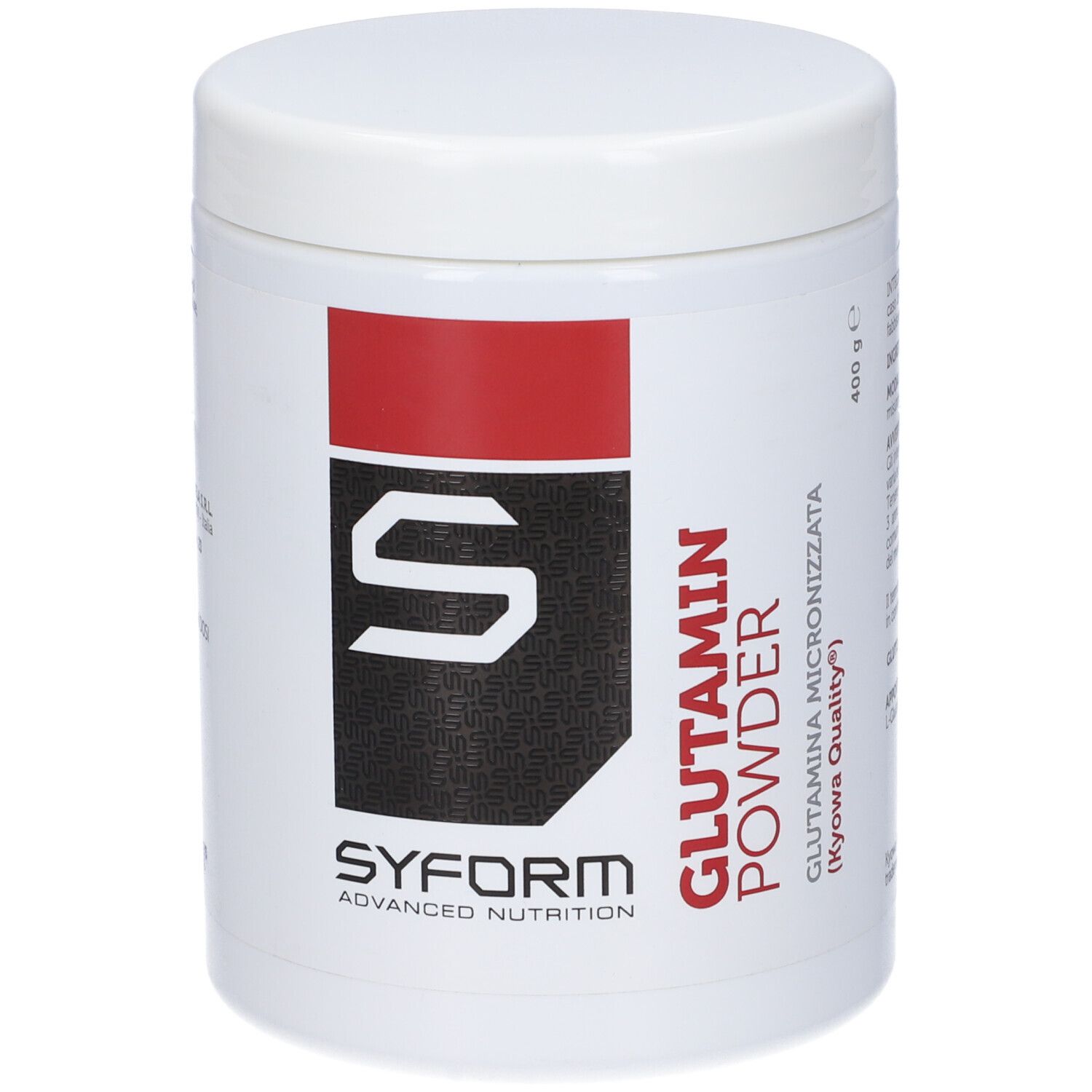 Barattolo bianco con fascia rossa. Scritta: Glutamin Powder, Syform. 400 g.