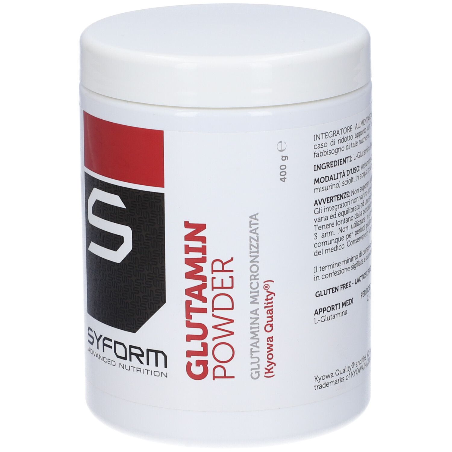 Barattolo bianco con fascia rossa. Scritta: Glutamin Powder, Syform. 400 g.