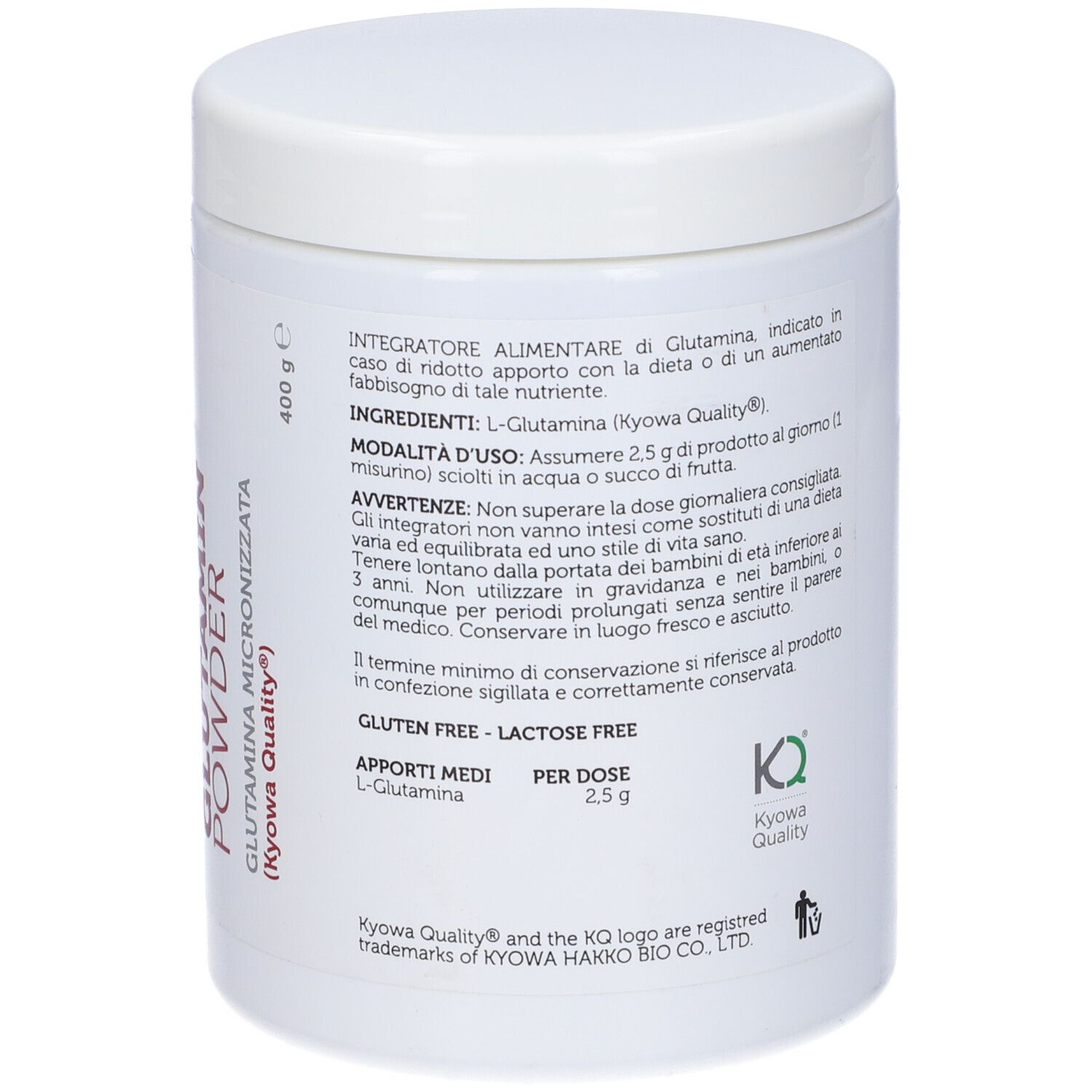 Barattolo bianco, retro con testo. Scritta: 400 g, ingredienti, informazioni produttore.