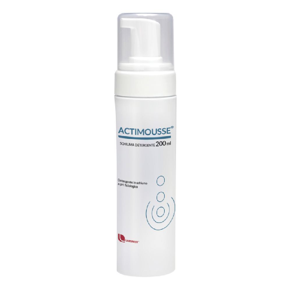 Flacon blanc avec pompe. Inscription: Actimousse, nettoyant moussant, 200ml. Graphique bleu.