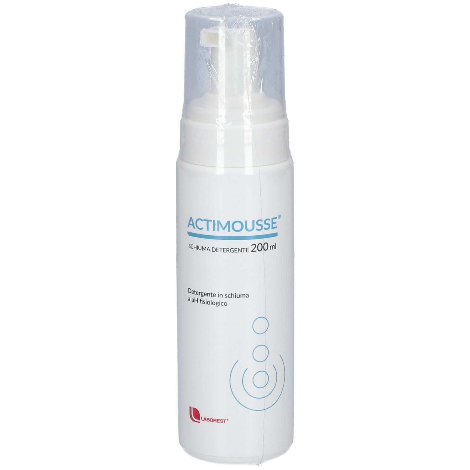 Flacon blanc avec pompe et film plastique. Inscription: Actimousse, nettoyant moussant, 200ml.
