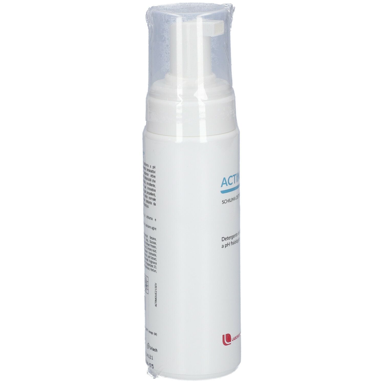Flacon blanc avec pompe et film plastique. Inscription: Actimousse, nettoyant moussant, 200ml. Texte.