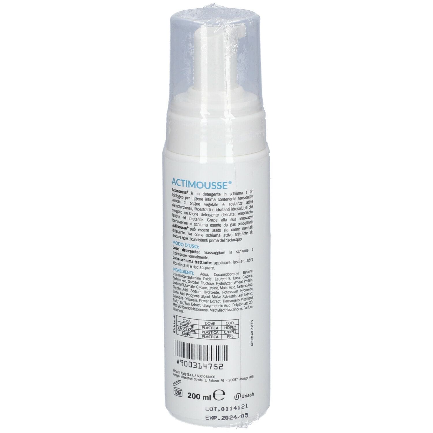 Flacon blanc avec pompe et film plastique. Inscription: Actimousse, nettoyant moussant, 200ml. Texte.