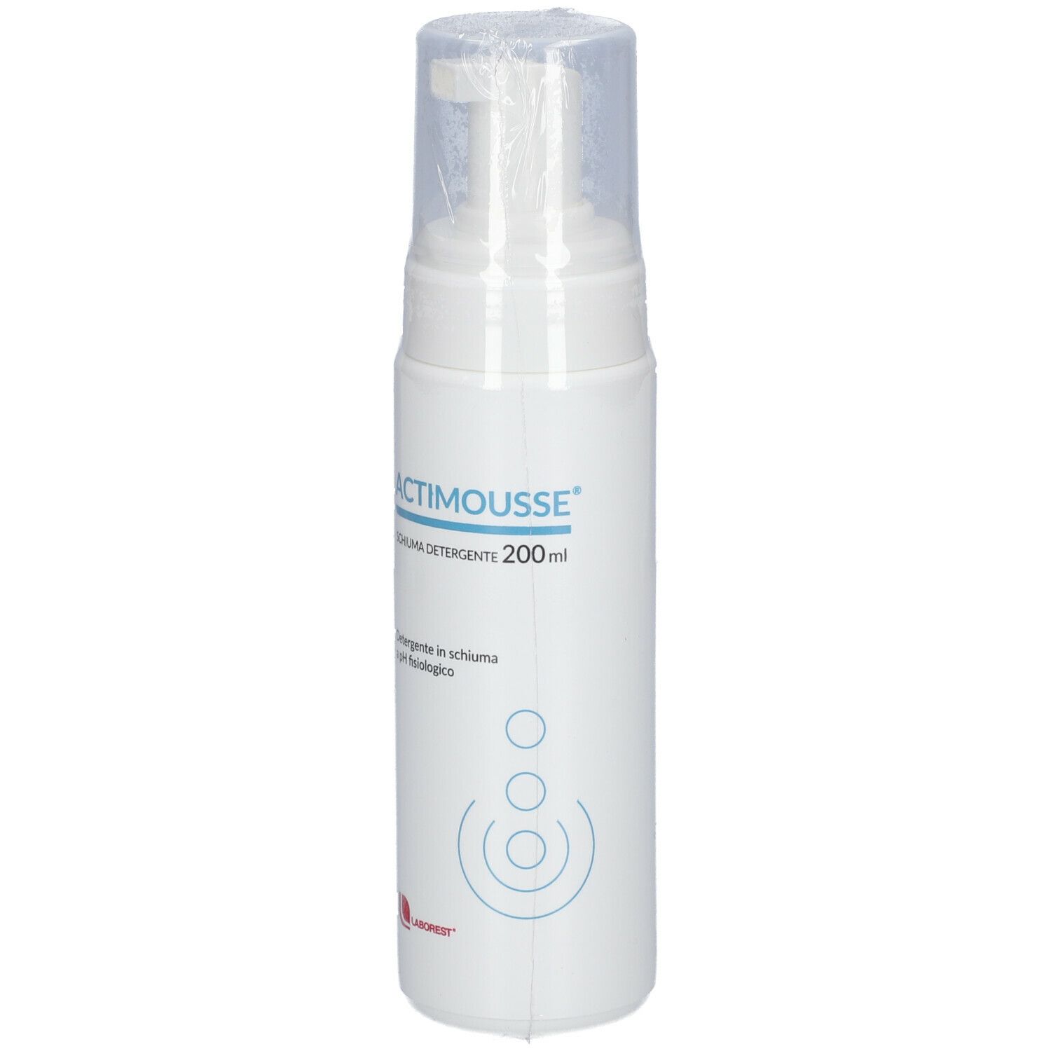 Flacon blanc avec pompe et film plastique. Inscription: Actimousse, nettoyant moussant, 200ml. Texte.