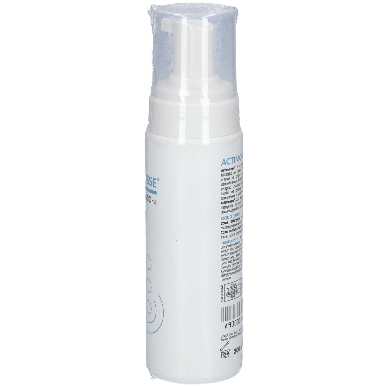 Flacon blanc avec pompe et film plastique. Inscription: Actimousse, nettoyant moussant, 200ml. Texte.