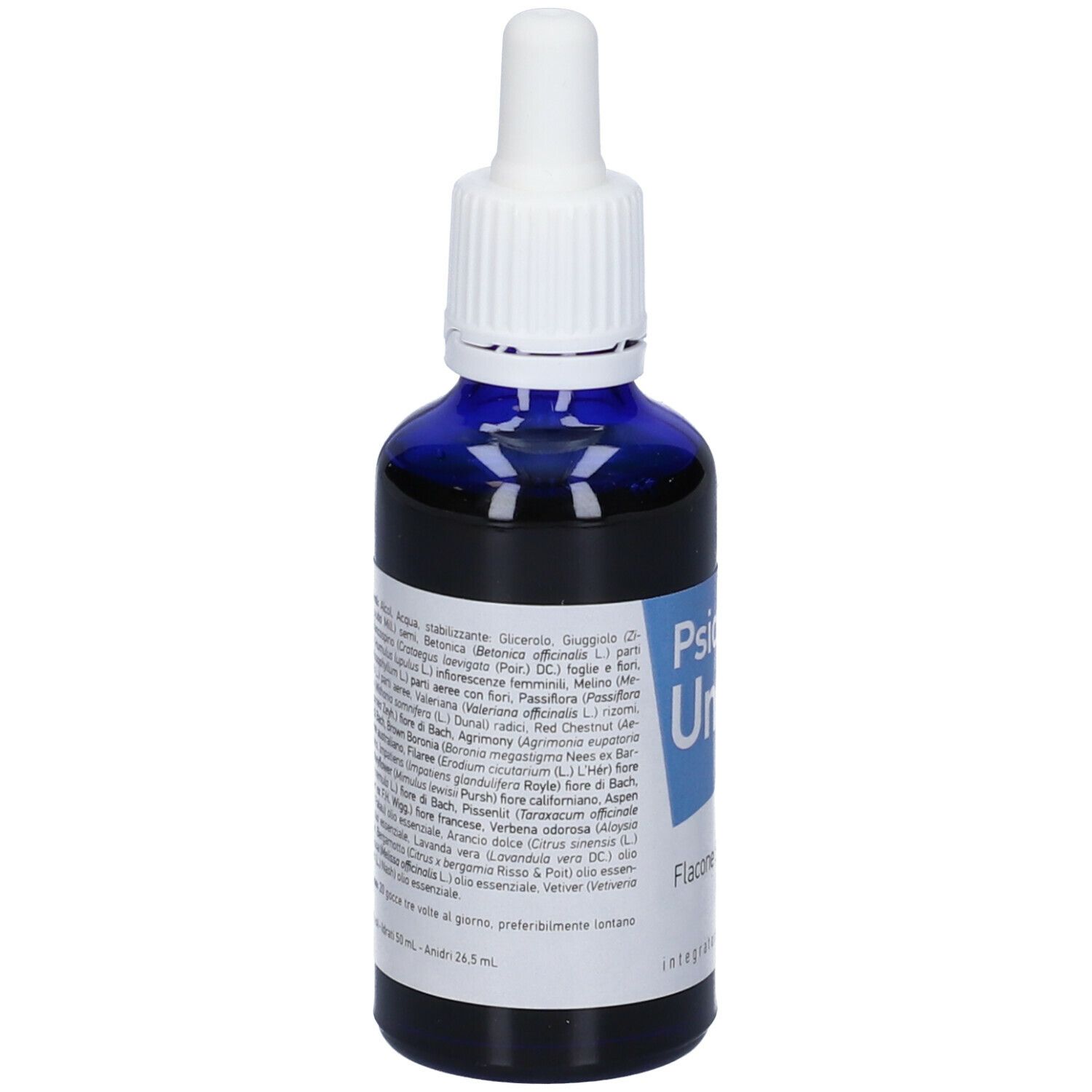 Flacone di vetro blu con contagocce bianco. Testo: Psicophyt Uno. Iscrizioni con ingredienti e istruzioni.