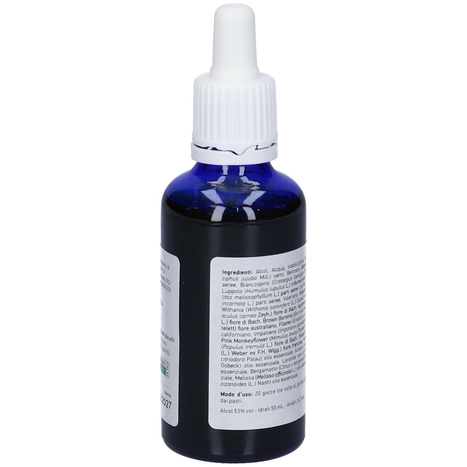 Flacone di vetro blu con contagocce bianco. Testo: Psicophyt Uno. Iscrizioni con ingredienti e istruzioni.