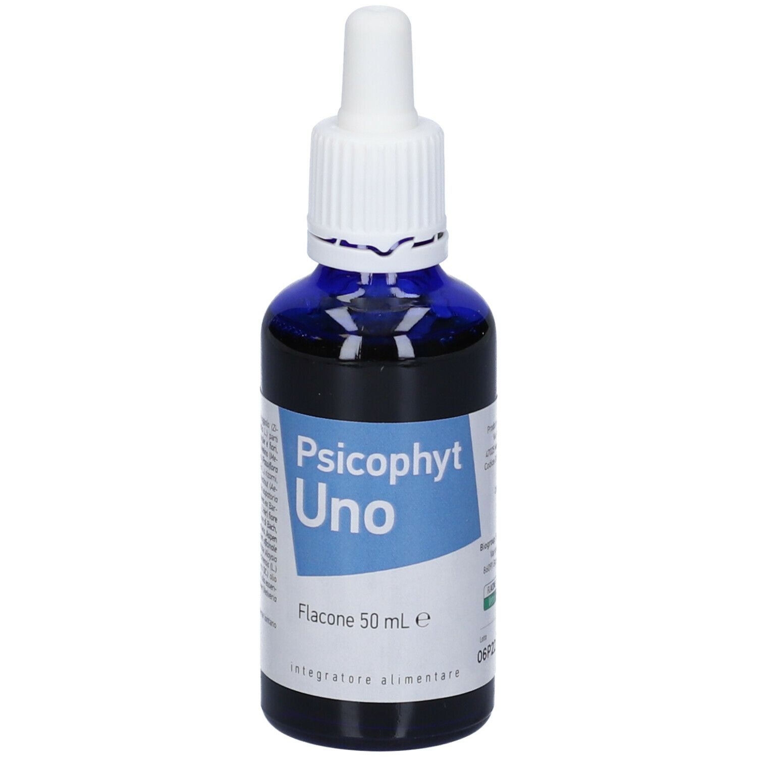 Flacone di vetro blu con contagocce bianco. Testo: Psicophyt Uno, 50 ml. Iscrizioni con informazioni sul prodotto.