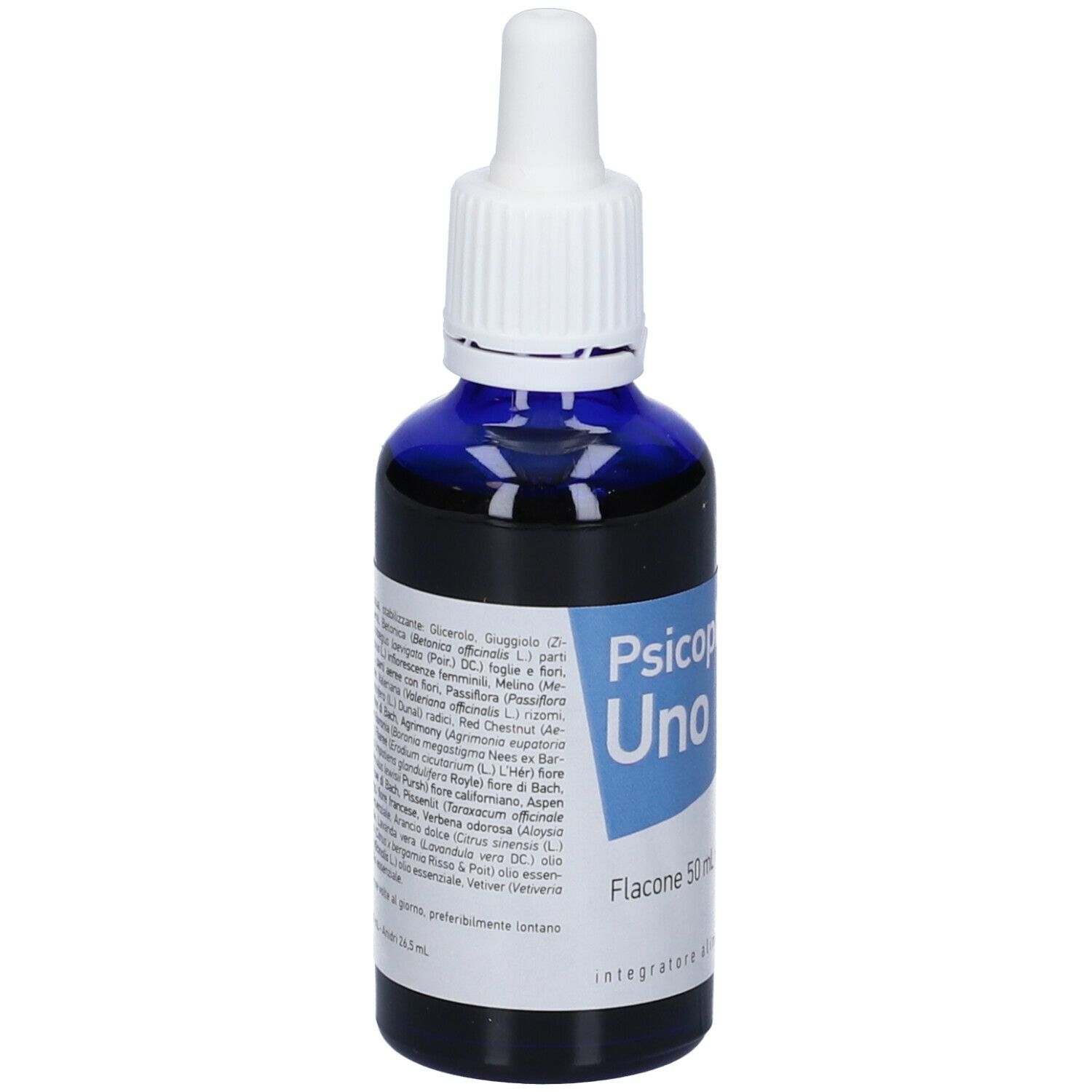 Flacone di vetro blu con contagocce bianco. Testo: Psicophyt Uno, 50 ml. Iscrizioni con informazioni sul prodotto.