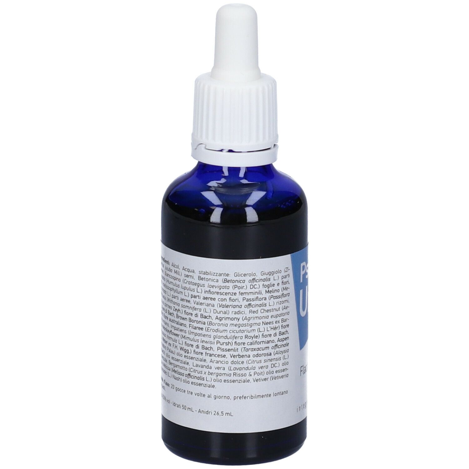 Flacone di vetro blu con contagocce bianco. Testo: Psicophyt Uno, 50 ml. Iscrizioni con informazioni sul prodotto.