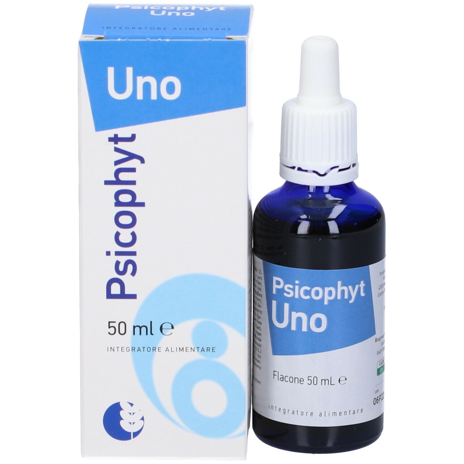 Flacone di vetro blu con contagocce bianco e scatola. Testo: Psicophyt Uno, 50 ml. Prodotto e confezione.