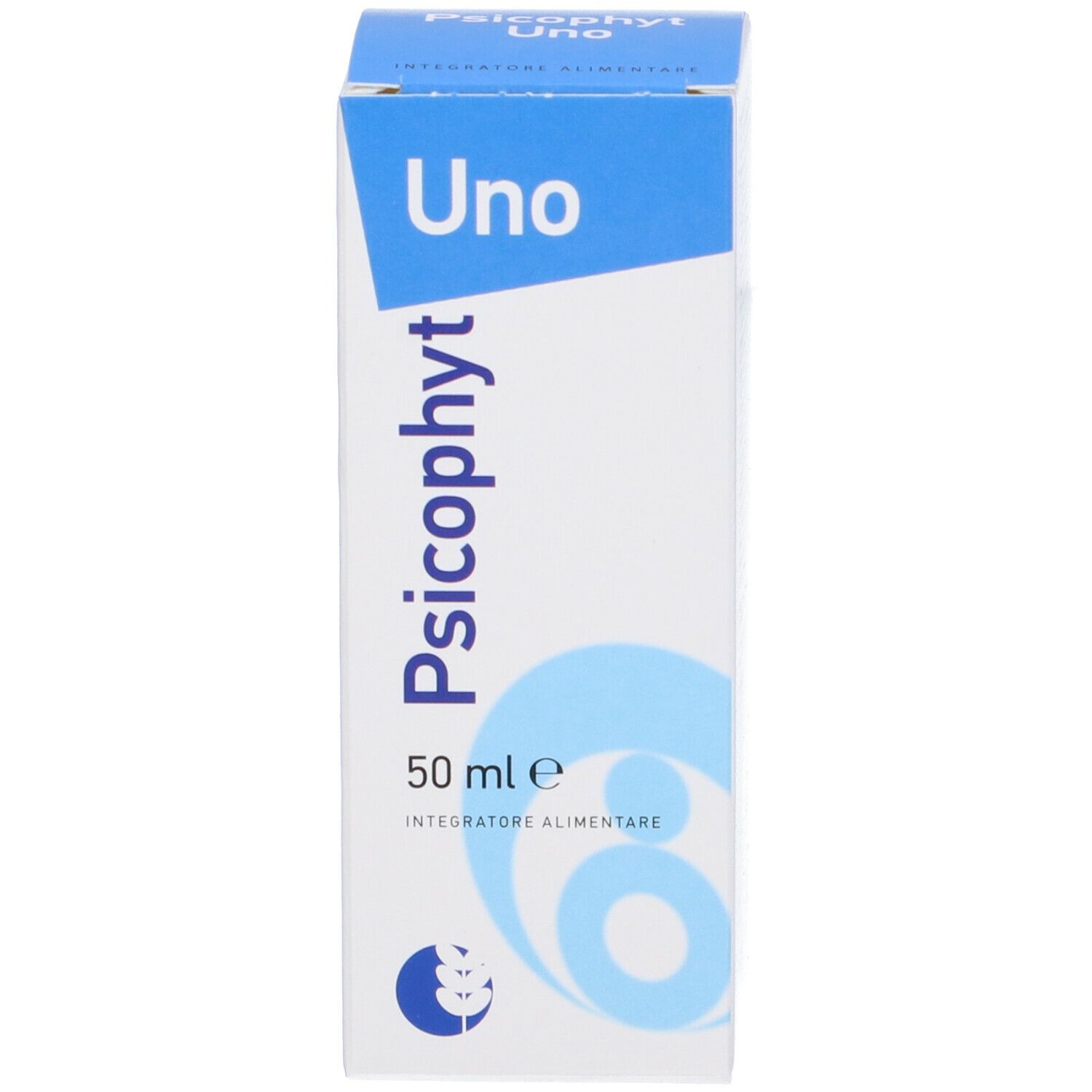 Scatola con stampa del prodotto. Testo: Psicophyt Uno, 50 ml, Integratore Alimentare. Colori blu e bianco.