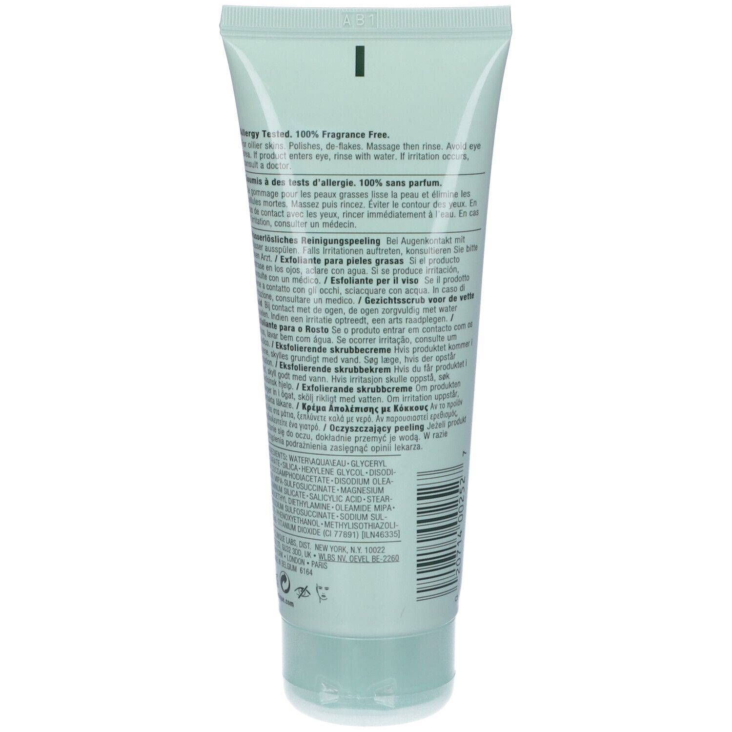 Tubo verde chiaro. Testo multilingue. Scritto: Allergy Tested, 100% senza profumo. Nome del prodotto non visibile.