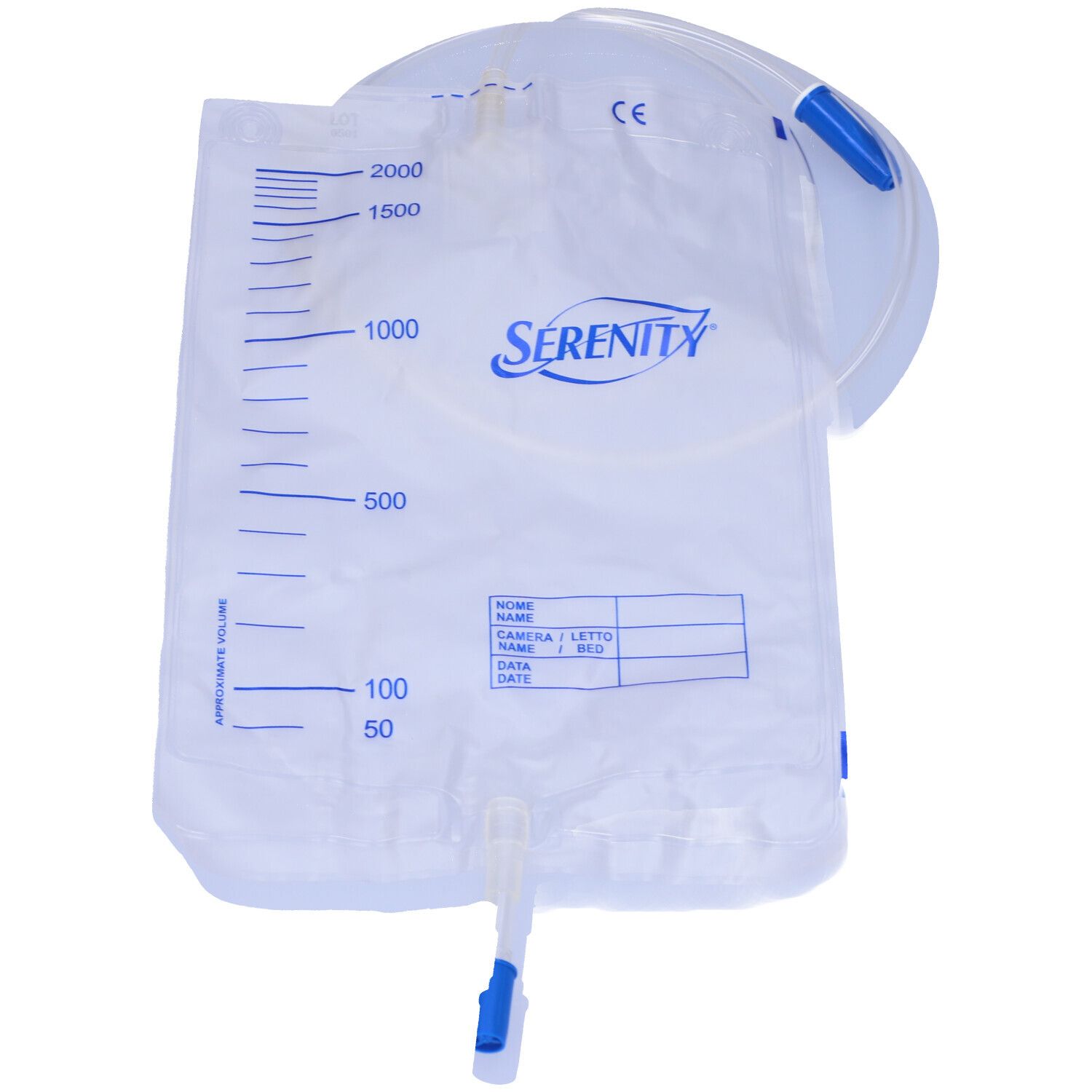 Sacca per urina sterile. Materiale trasparente. Scala graduata. Dettagli blu. Marchio Serenity.