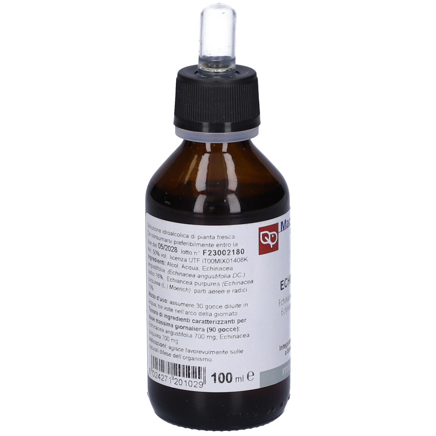 Flacone di vetro marrone con tappo nero e pipetta. Etichetta con nome del prodotto e produttore.