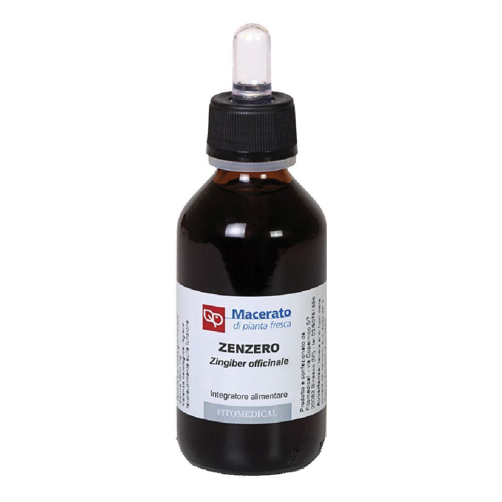 Flacone di vetro marrone con tappo nero e contagocce. Etichetta con testo: Zenzero, Zingerber officinale.
