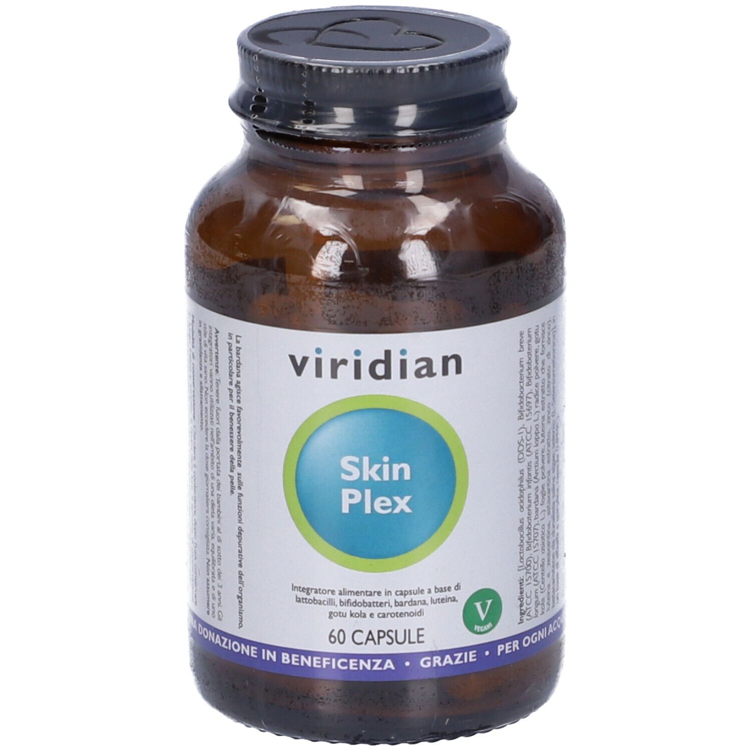 Flacone di vetro marrone con coperchio nero. Etichetta: viridian, Skin Plex, 60 capsule. Logo V verde.