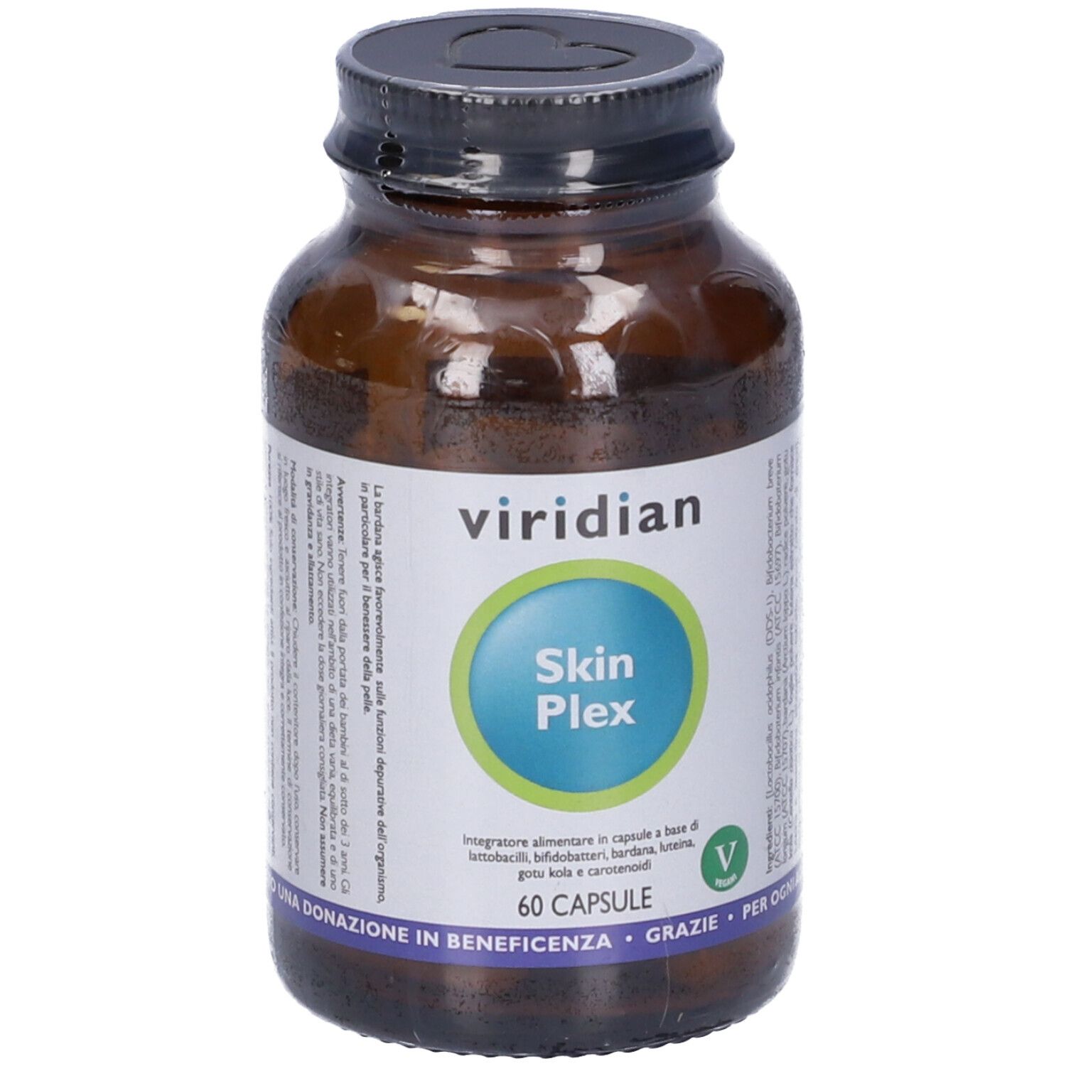 Flacone di vetro marrone con coperchio nero. Etichetta: viridian, Skin Plex, 60 capsule. Logo V verde.