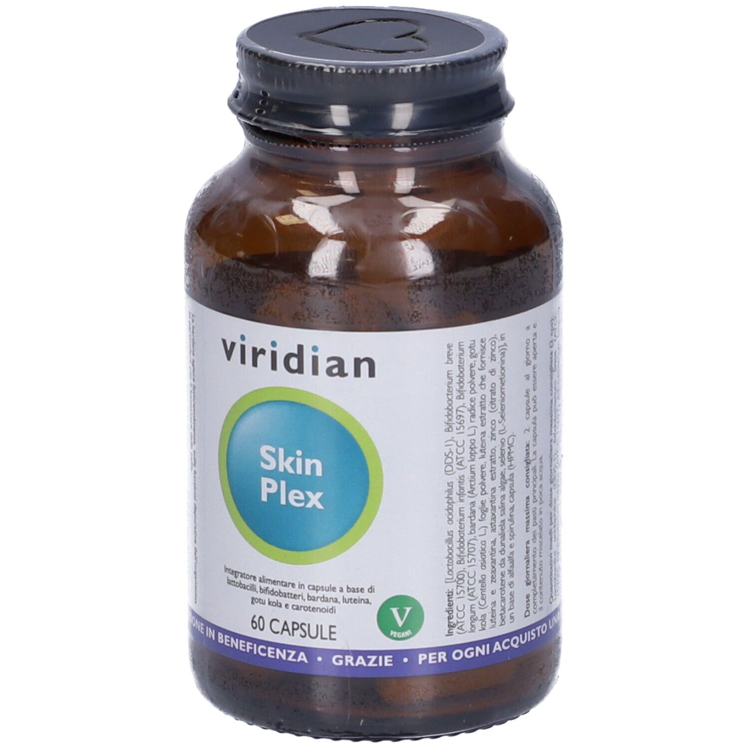 Flacone di vetro marrone con coperchio nero. Etichetta: viridian, Skin Plex, 60 capsule. Logo V verde.