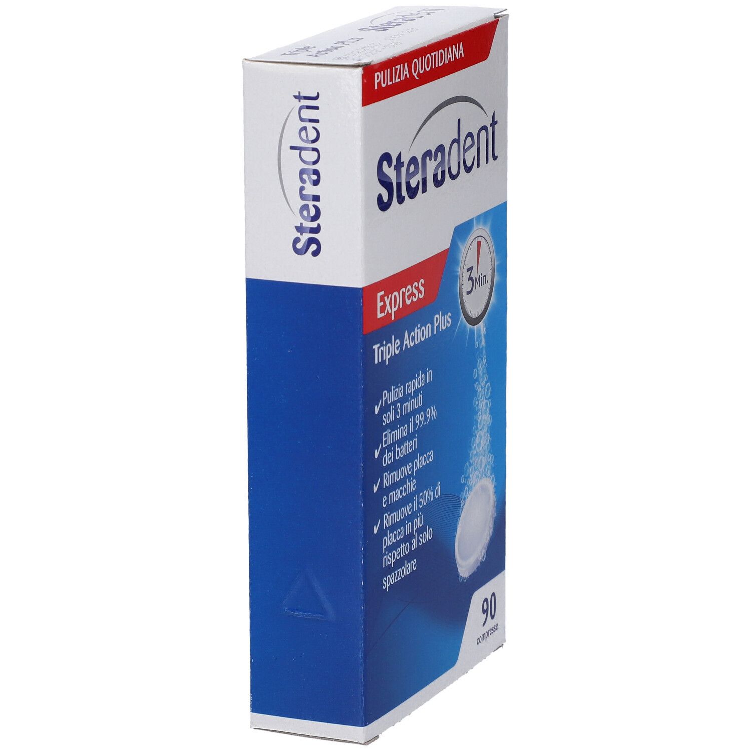 Steradent Express Triple Action Plus Verpackung. Enthält 90 Tabletten. Blaue und weiße Verpackung mit Produktinformationen.