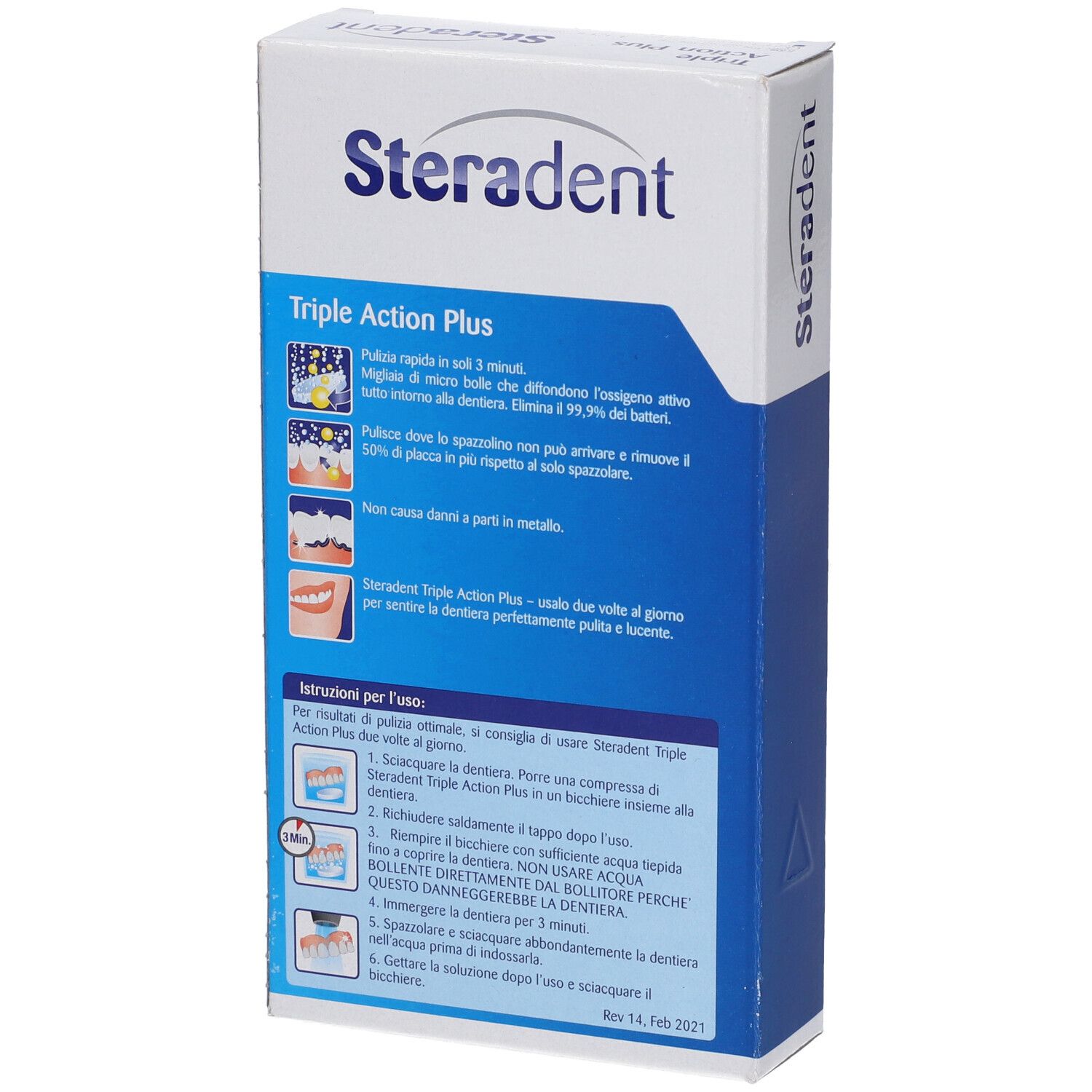 Rückseite der Steradent Express Triple Action Plus Verpackung. Enthält Produktinformationen und Anweisungen.