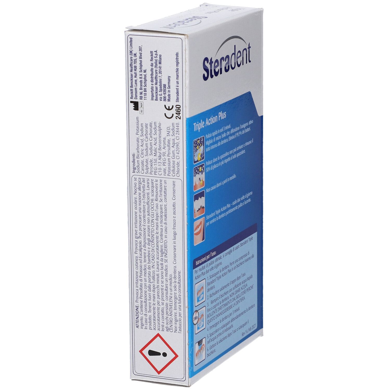 Seitenansicht der Steradent Express Triple Action Plus Verpackung. Blaue und weiße Verpackung mit Produktinformationen.