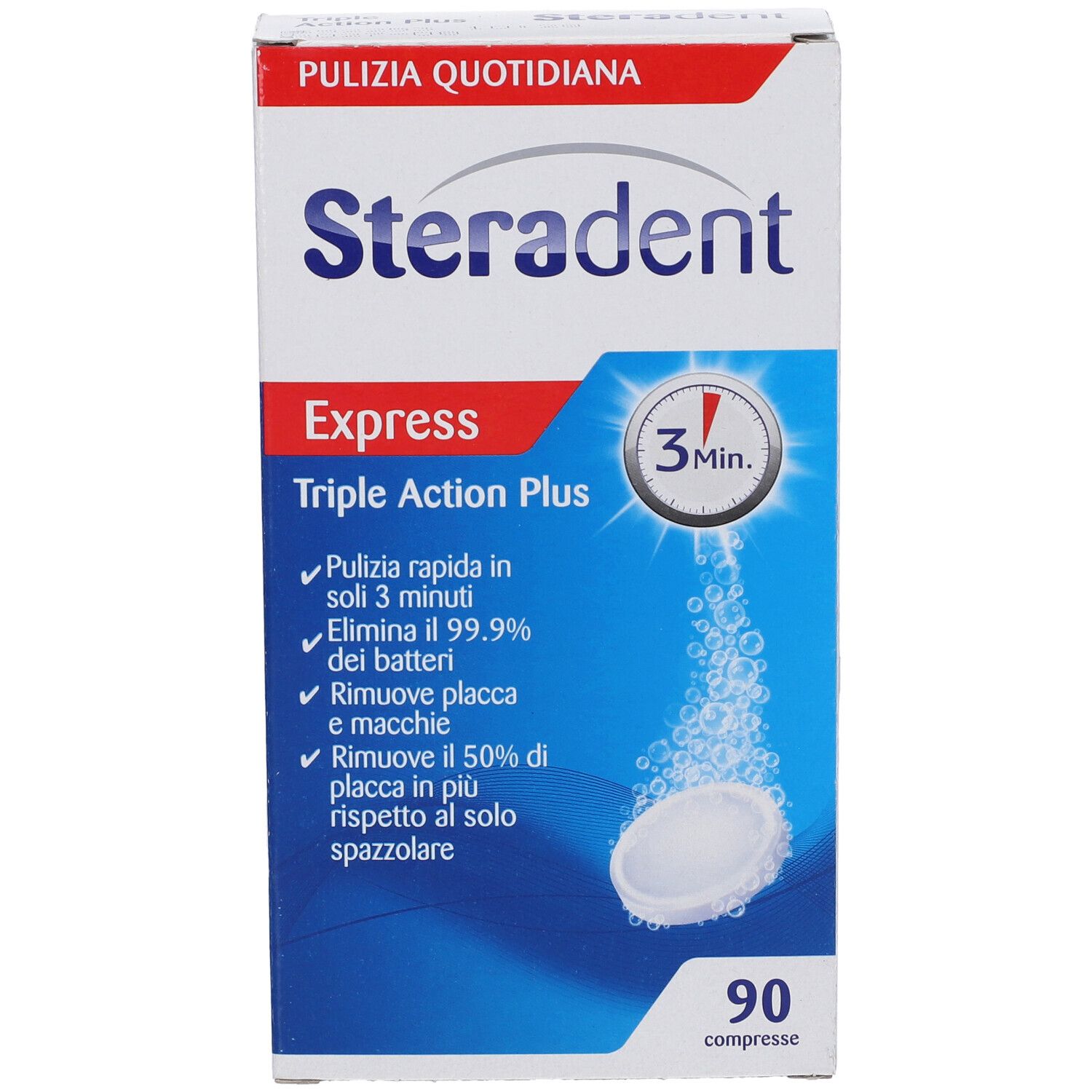 Steradent Express Triple Action Plus Verpackung. Enthält 90 Tabletten. Blaue und weiße Verpackung mit Produktinformationen.
