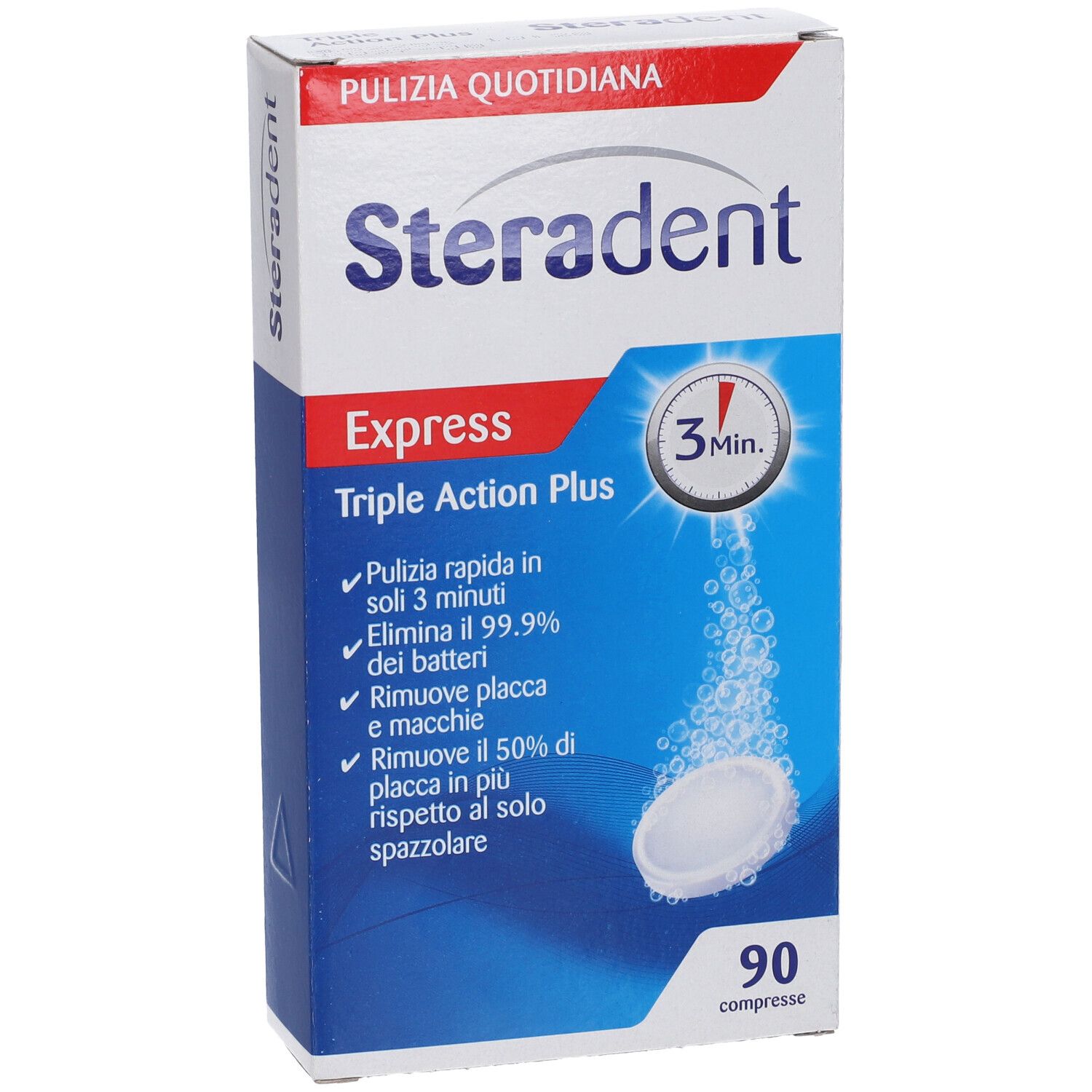 Steradent Express Triple Action Plus Verpackung. Enthält 90 Tabletten. Blaue und weiße Verpackung mit Produktinformationen.