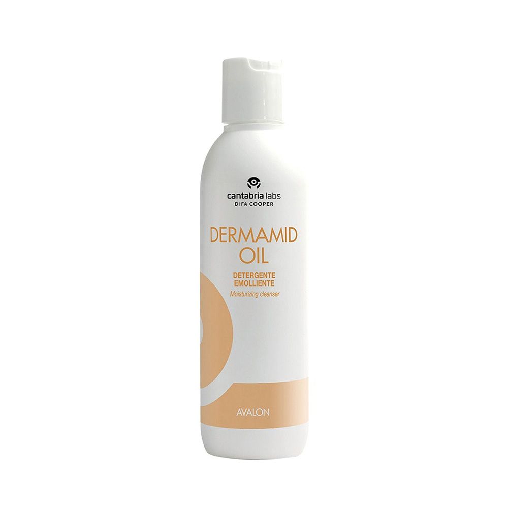 Flacone bianco con tappo a ribalta. Scritta: DERMADID OIL, Detersivo Emolliente. Grafica arancione. Marchio: Cantabria Labs.
