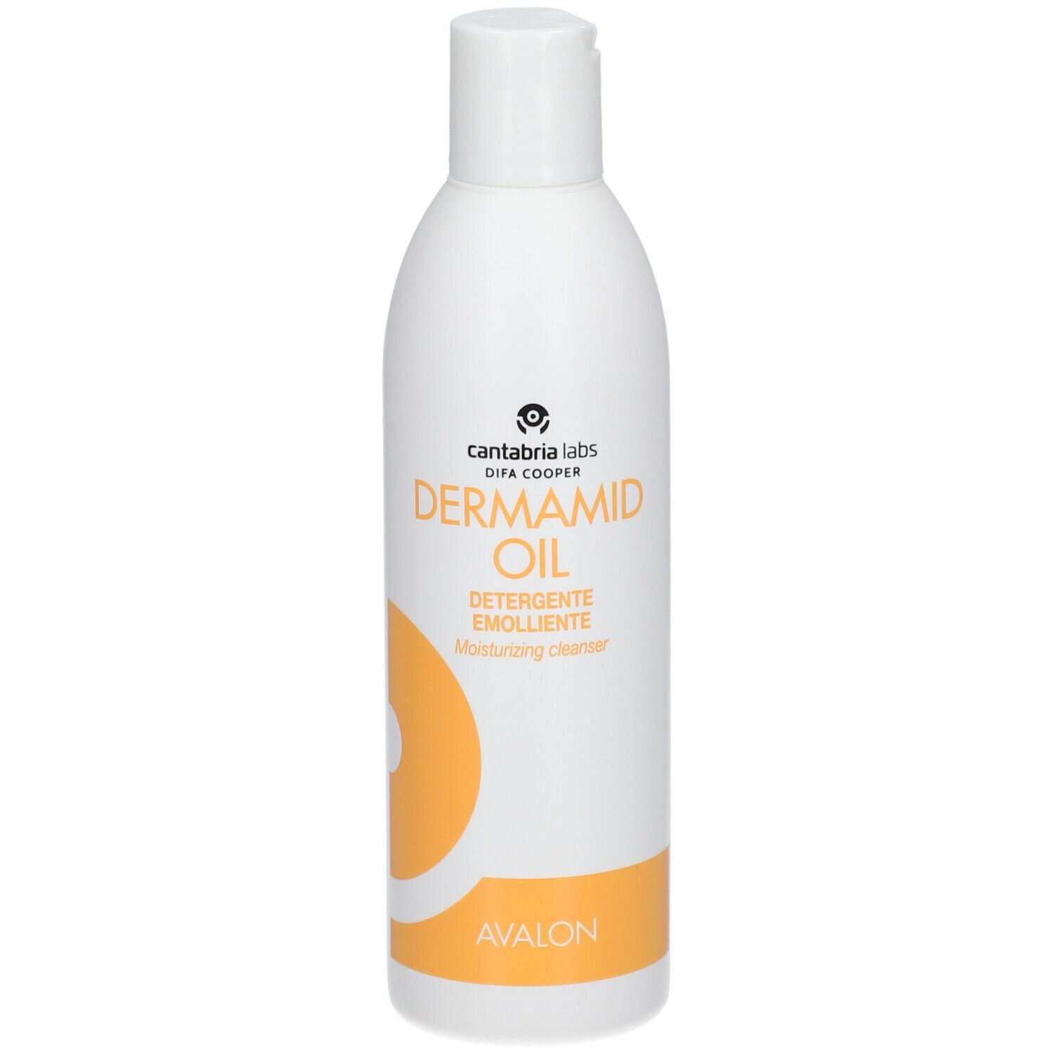 Flacone bianco con tappo a ribalta. Scritta: DERMADID OIL, Detersivo Emolliente. Grafica arancione. Marchio: Cantabria Labs.